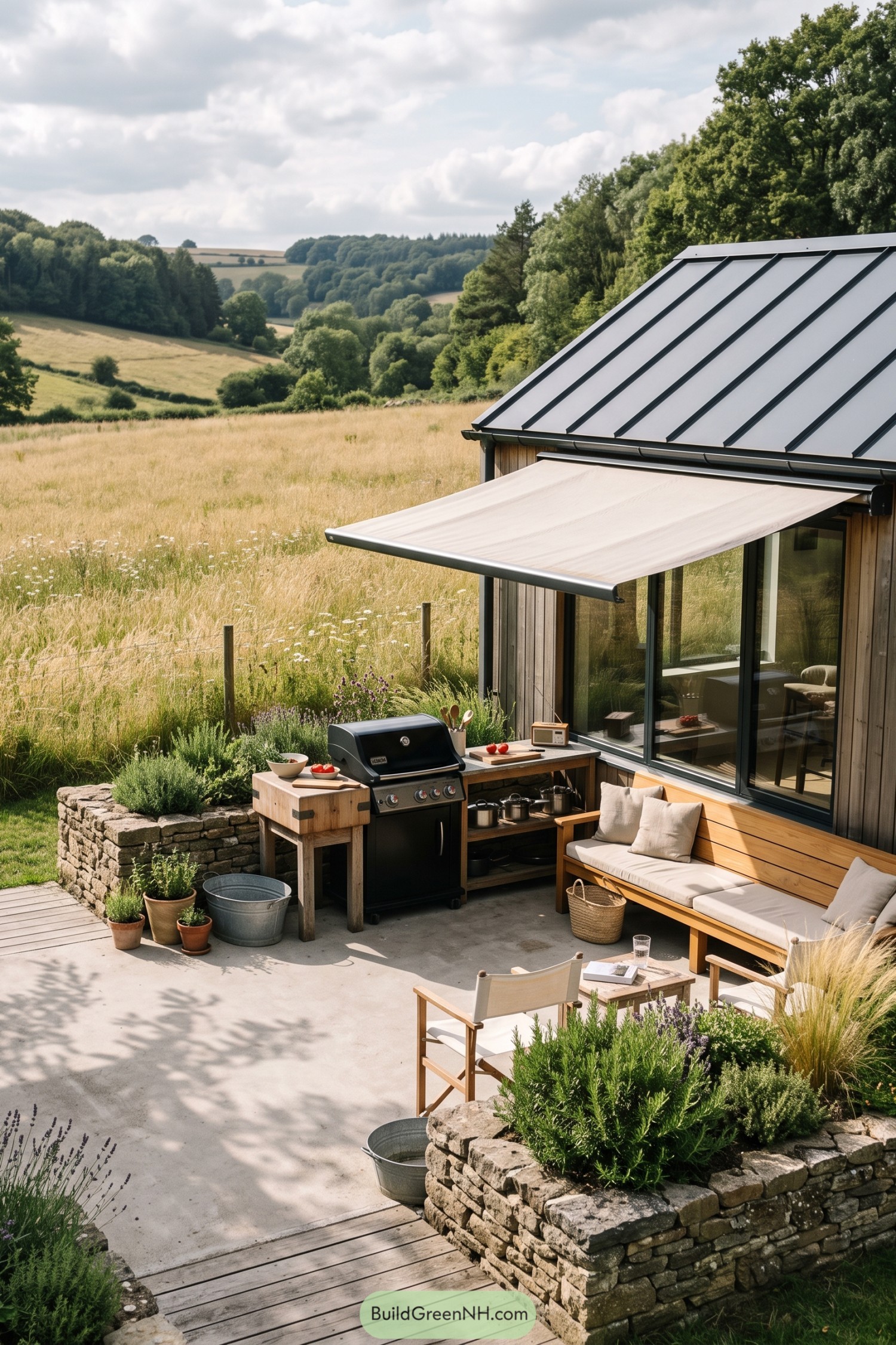 Tiny cottage patio with awning seating and grill overlooking fields