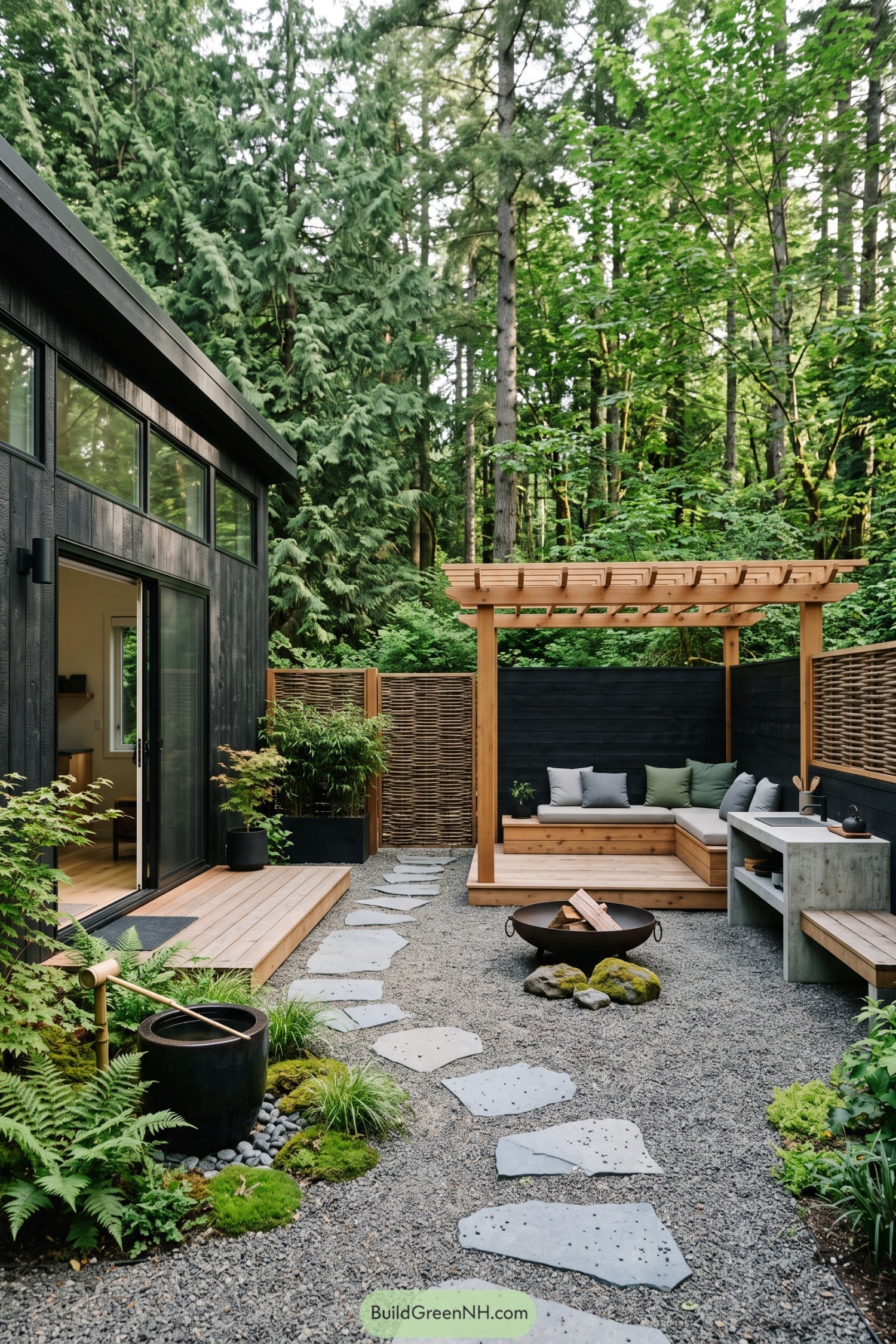 Black cottage beside cedar pergola courtyard with fire bowl