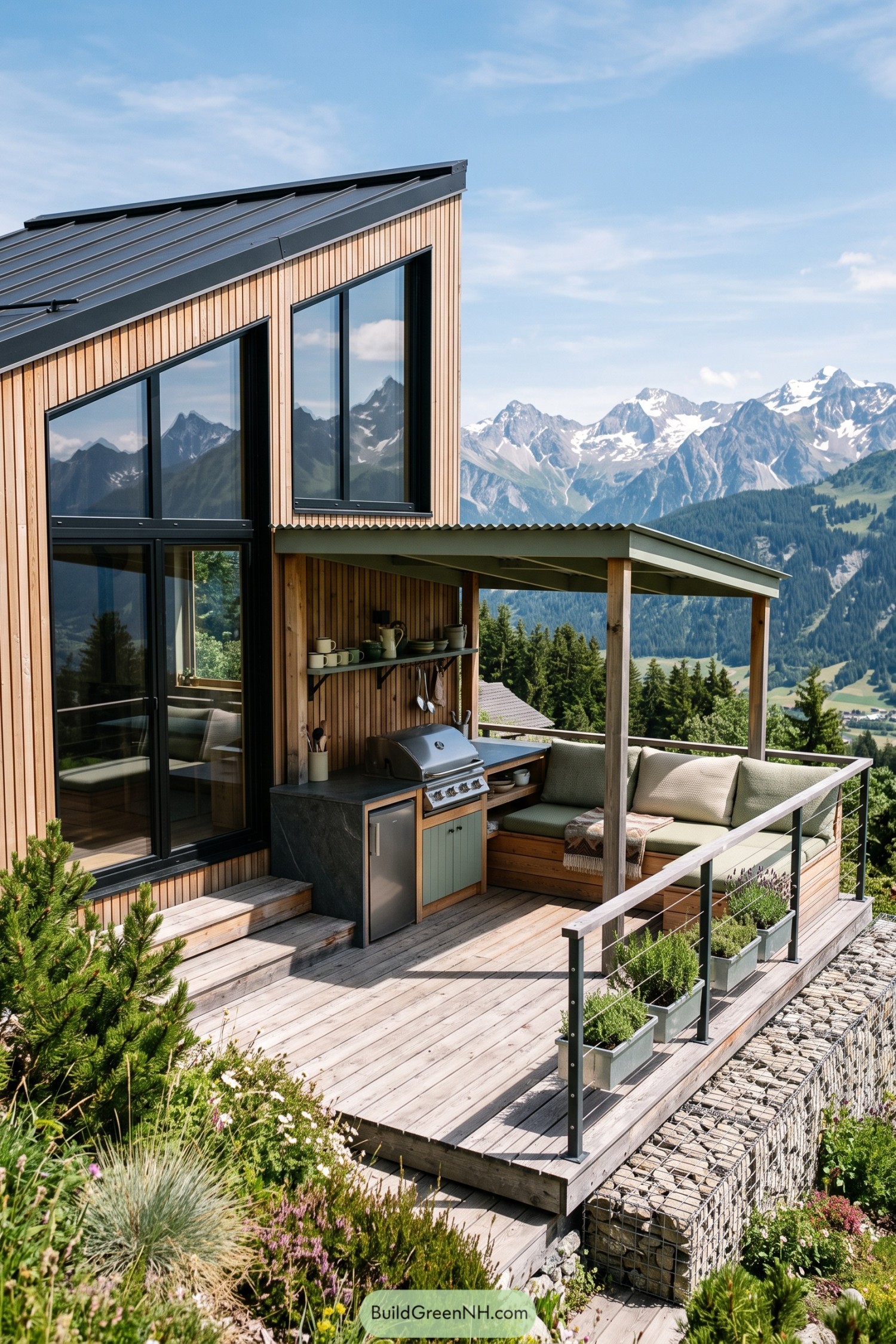 Modern timber cottage with covered mountain view terrace