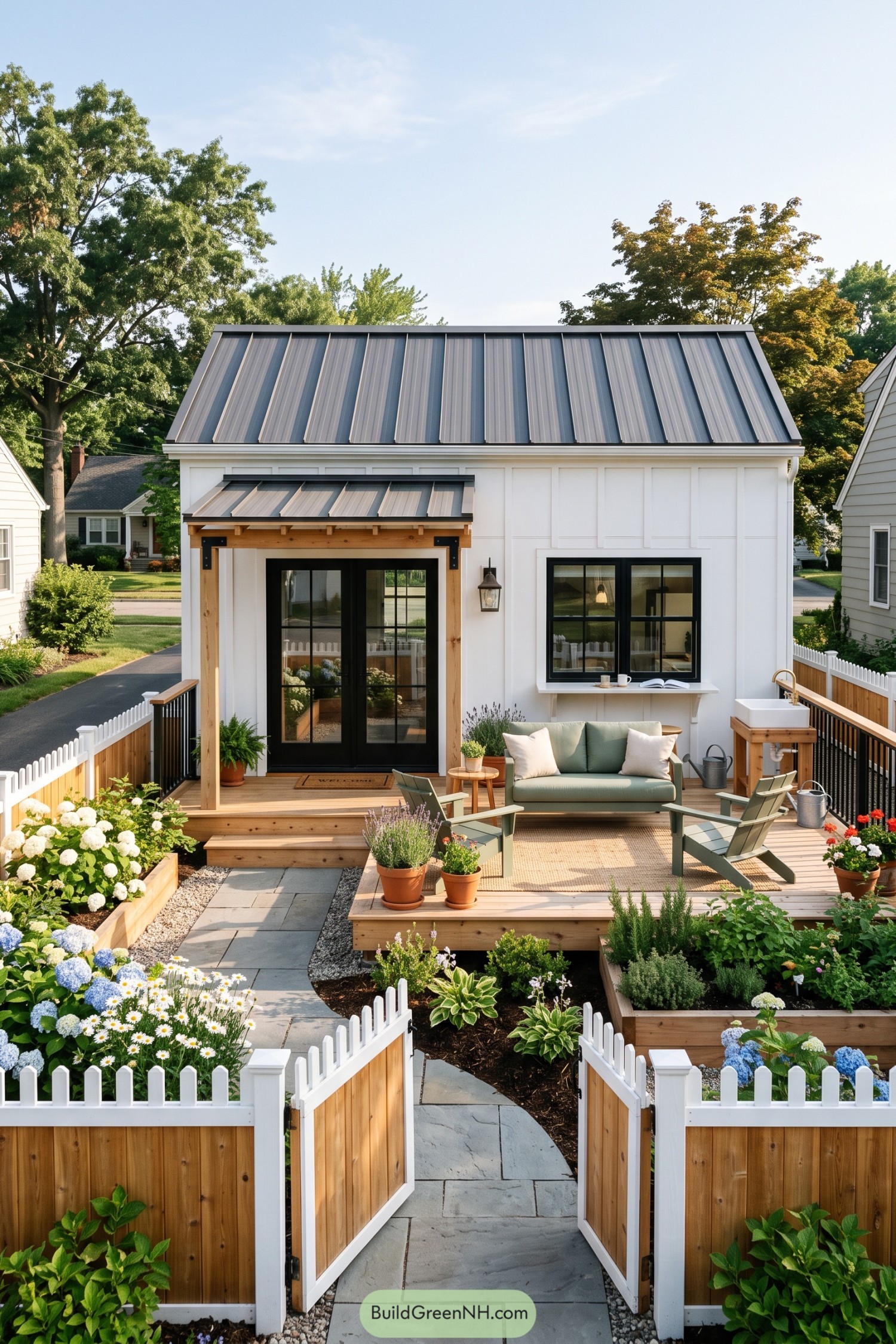 White cottage with metal roof and garden deck