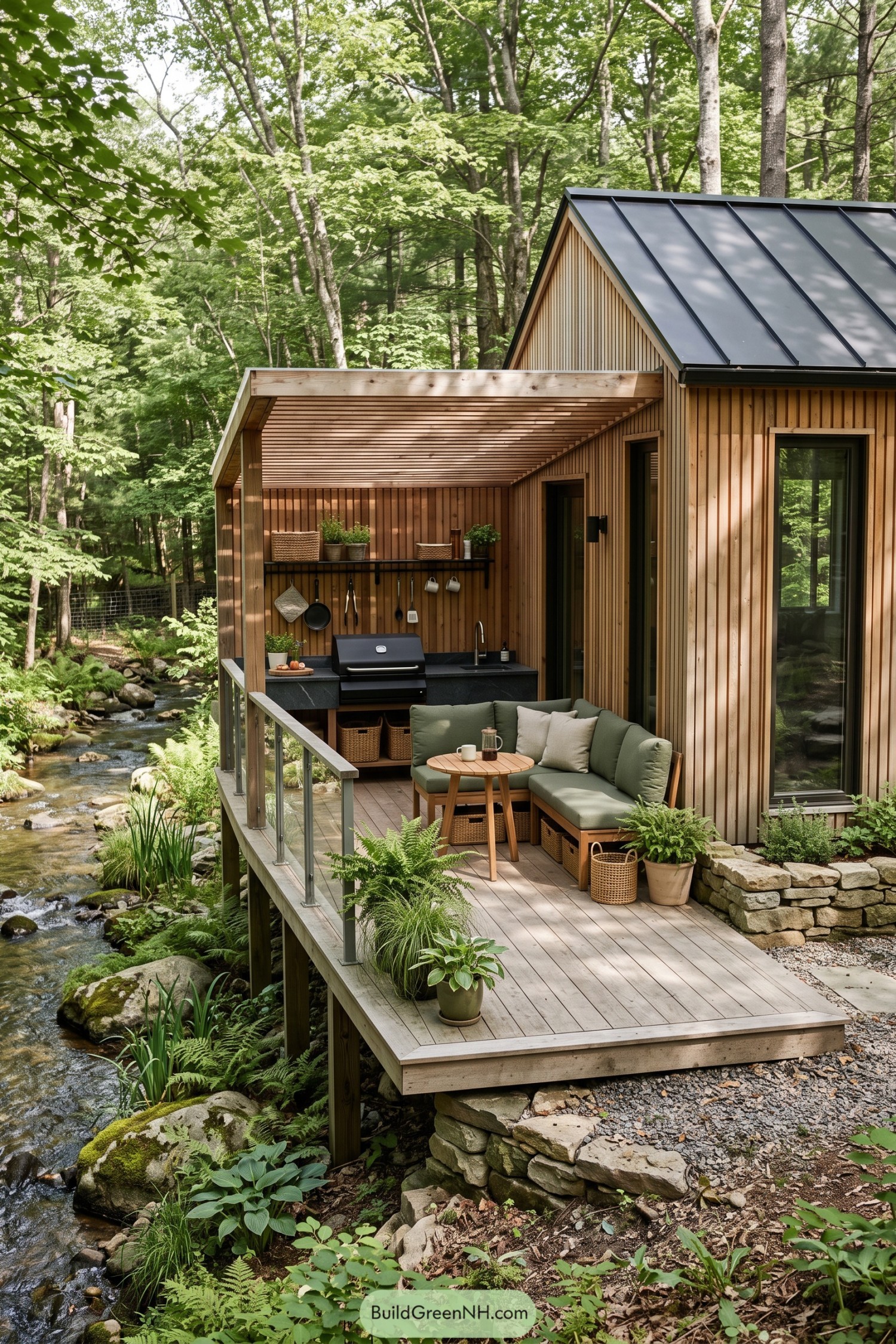Wood-clad tiny cottage with a covered outdoor kitchen beside a forest stream