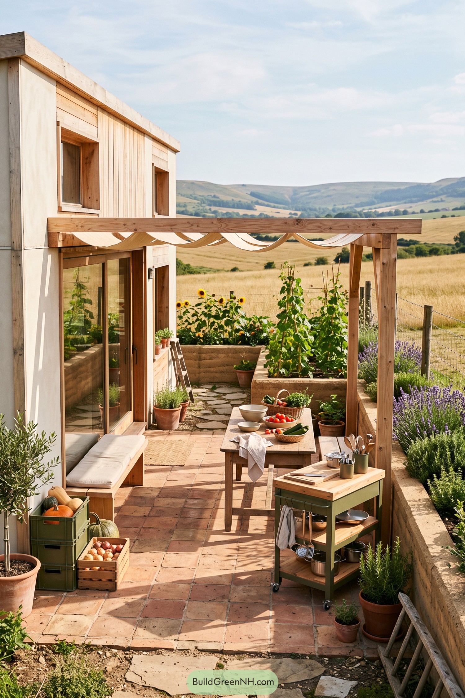 Timber tiny cottage with a shaded kitchen garden patio