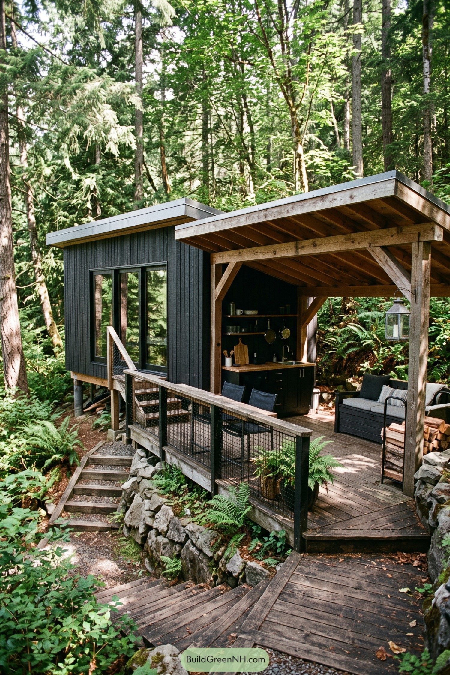 Compact forest cottage with covered outdoor kitchen and deck