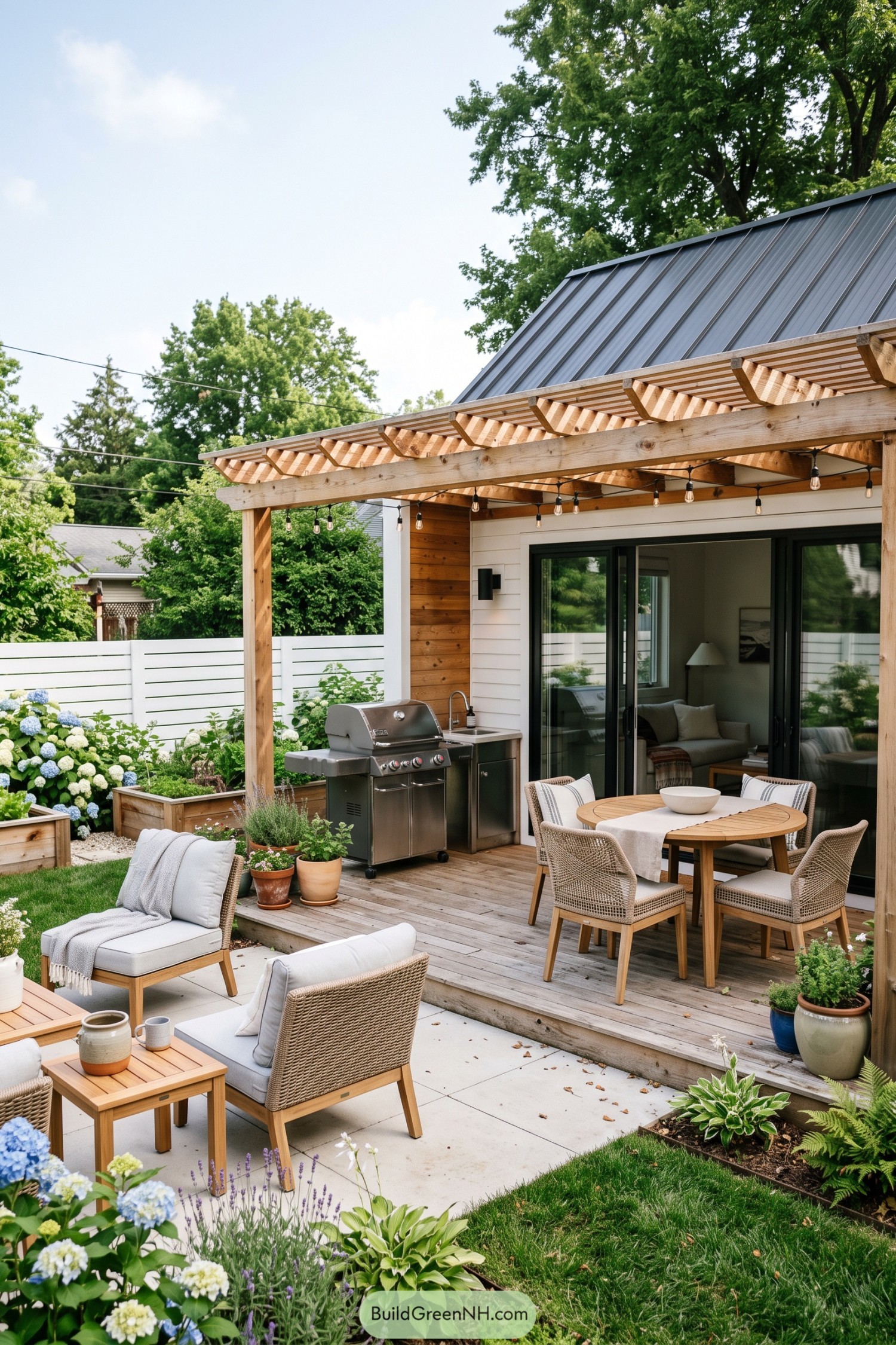 Wood pergola patio with dining and lounge areas
