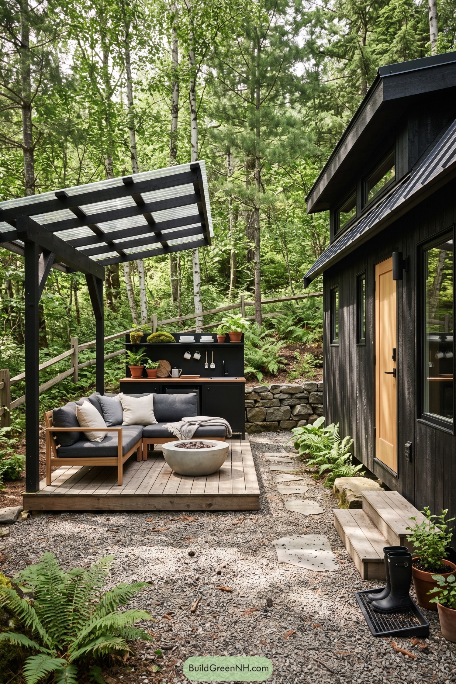 Black cottage with a covered outdoor lounge and kitchen