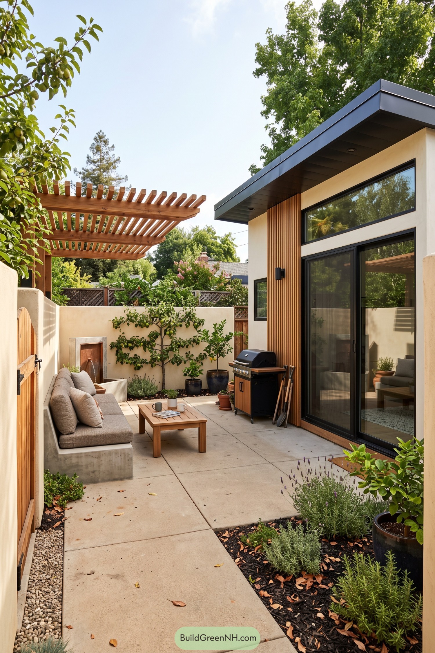 Modern tiny home patio with pergola seating and fruit trees