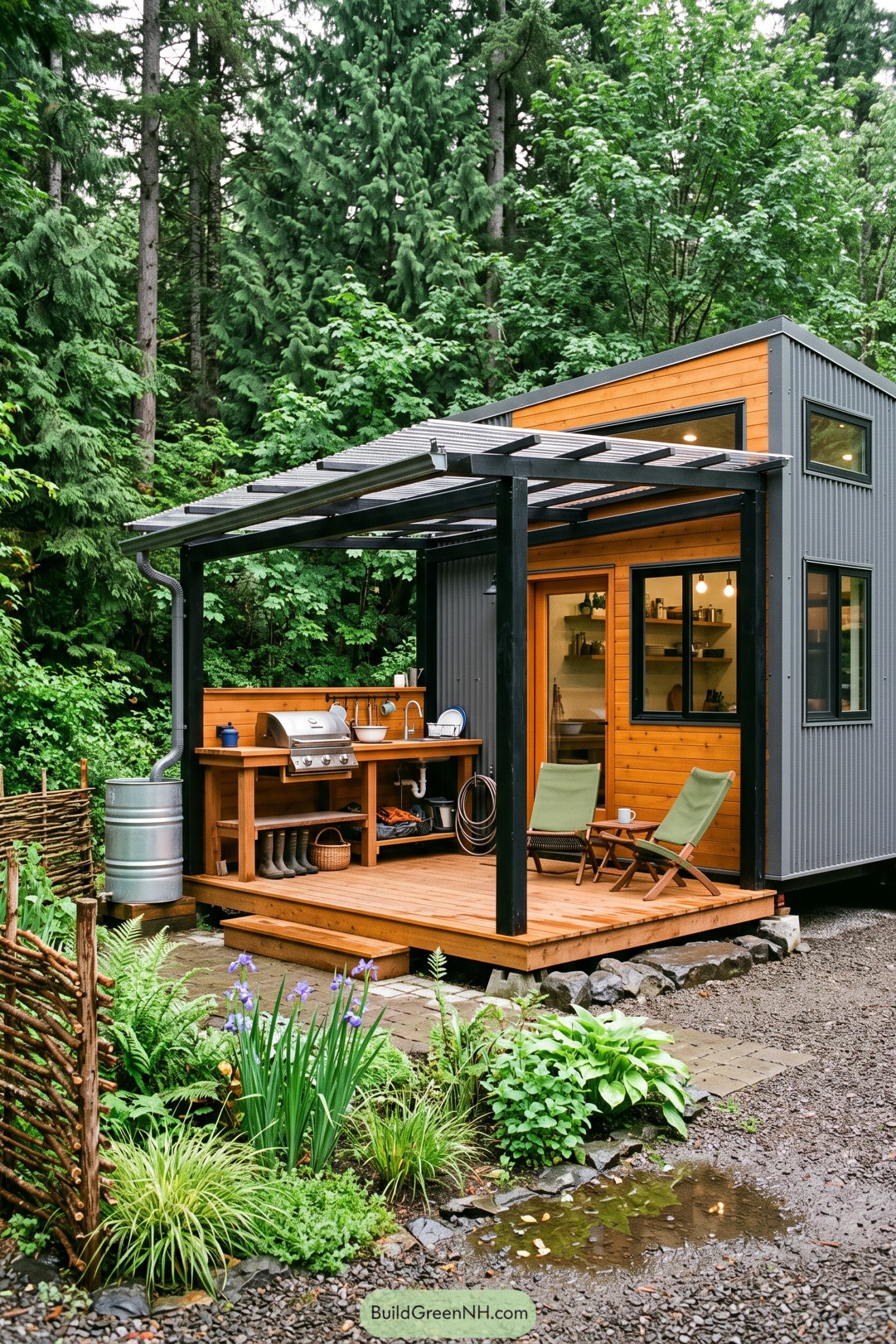 Compact cabin with covered outdoor kitchen in a forest garden