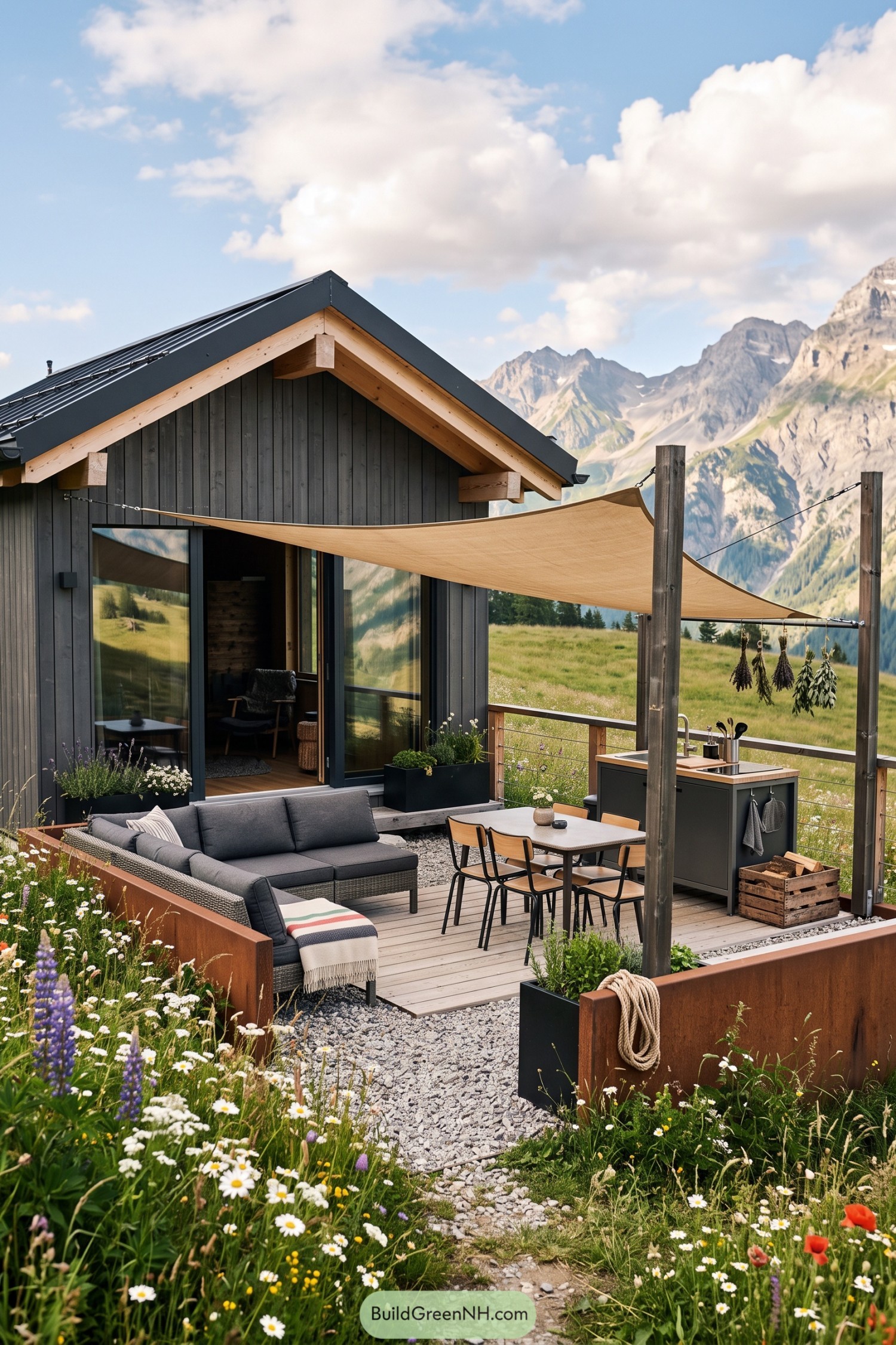 Mountain cabin deck with shade sail kitchen