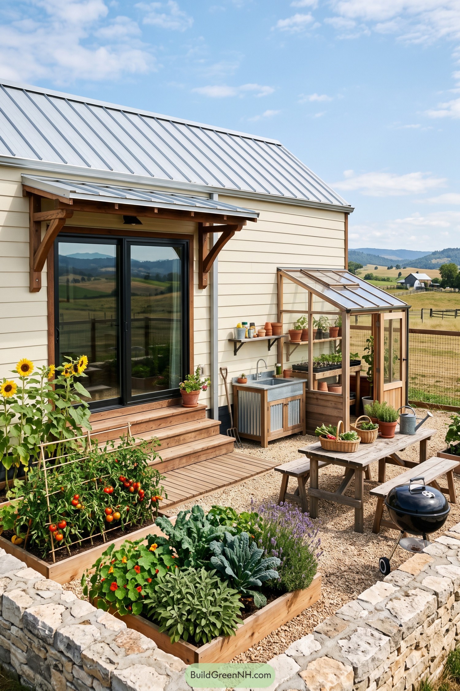 Country cottage with a lean-to greenhouse and raised vegetable beds