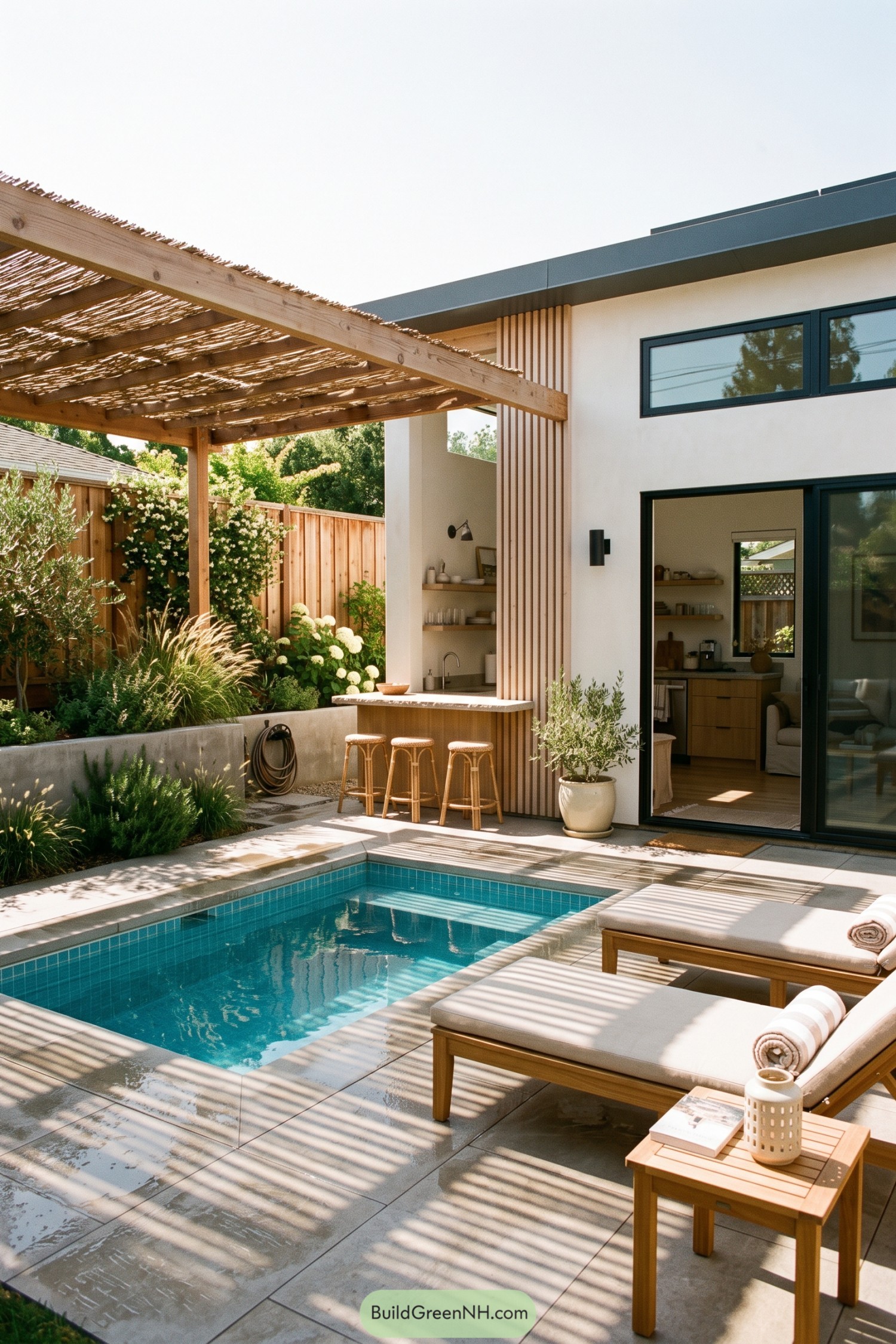 Compact courtyard pool with timber pergola and outdoor bar