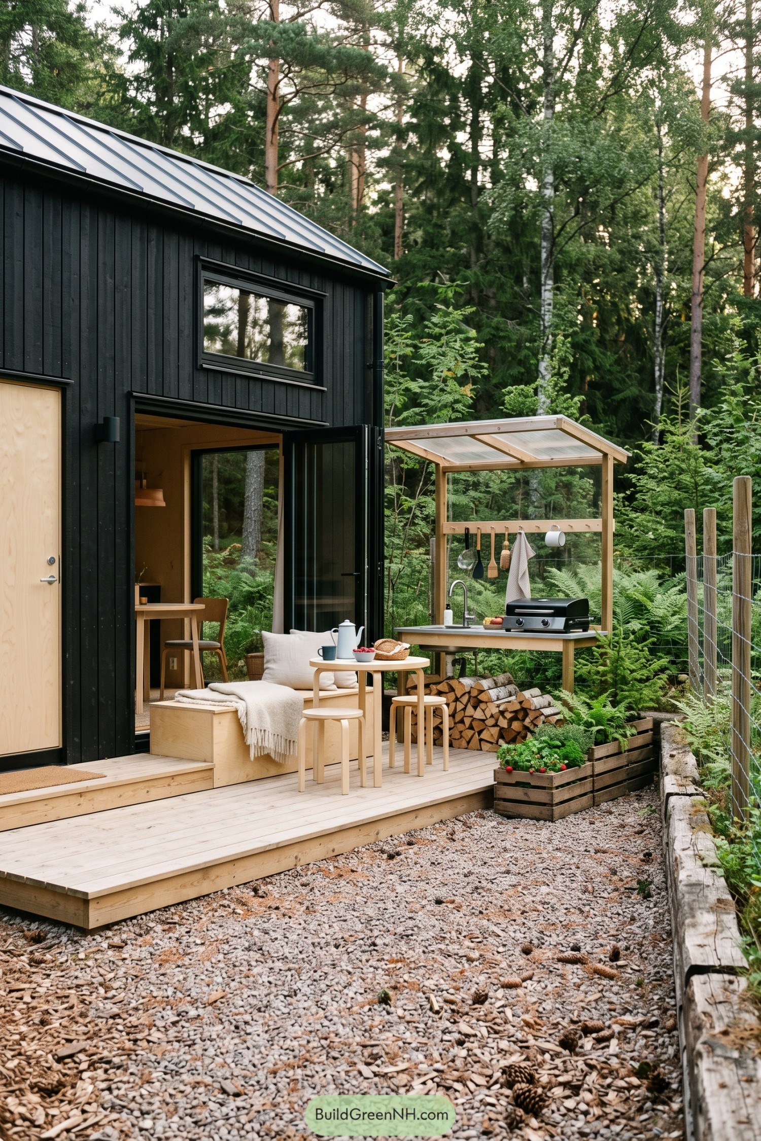 Black timber cabin with a covered outdoor kitchen and forest deck