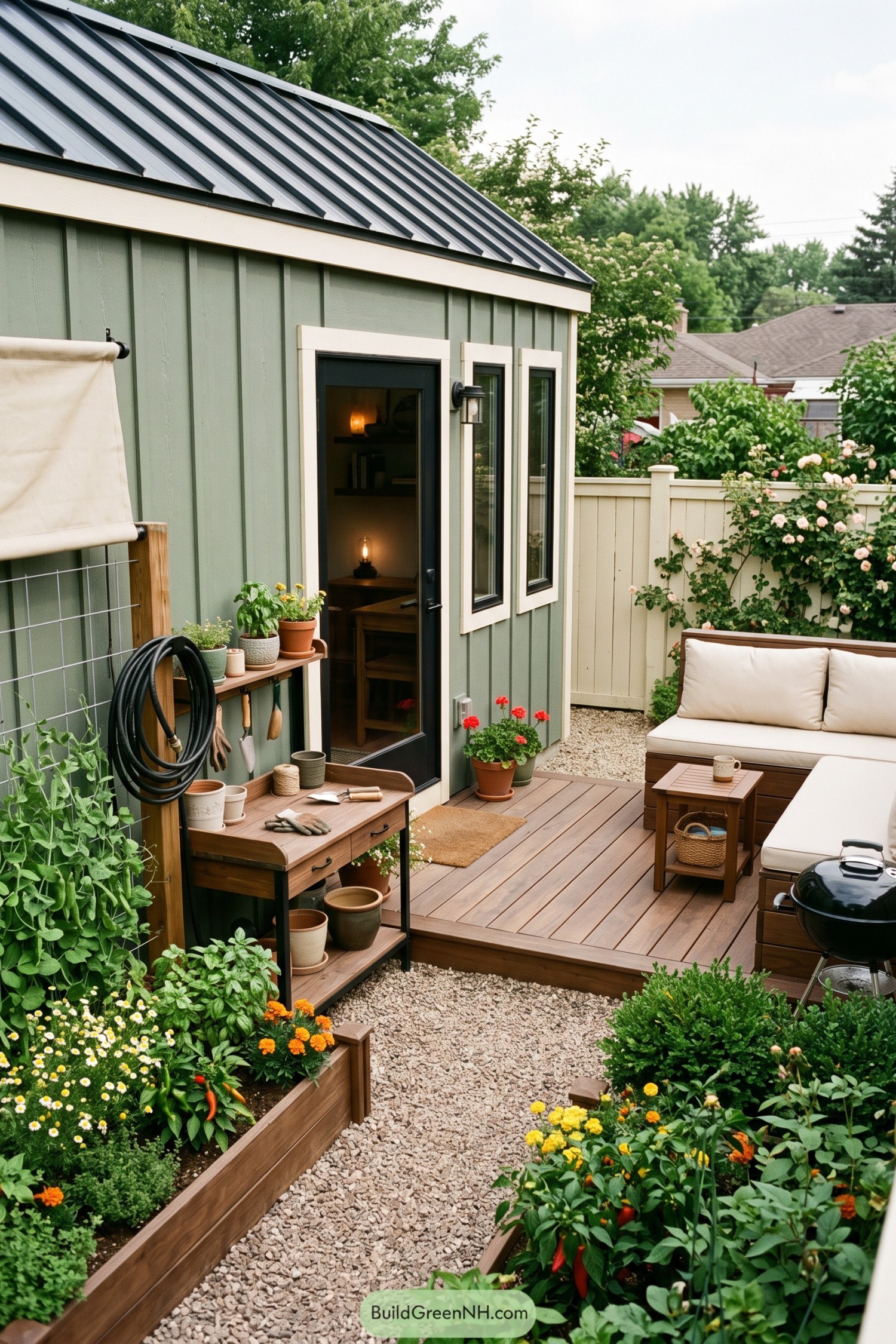 Compact sage green garden studio beside a deck and raised vegetable beds