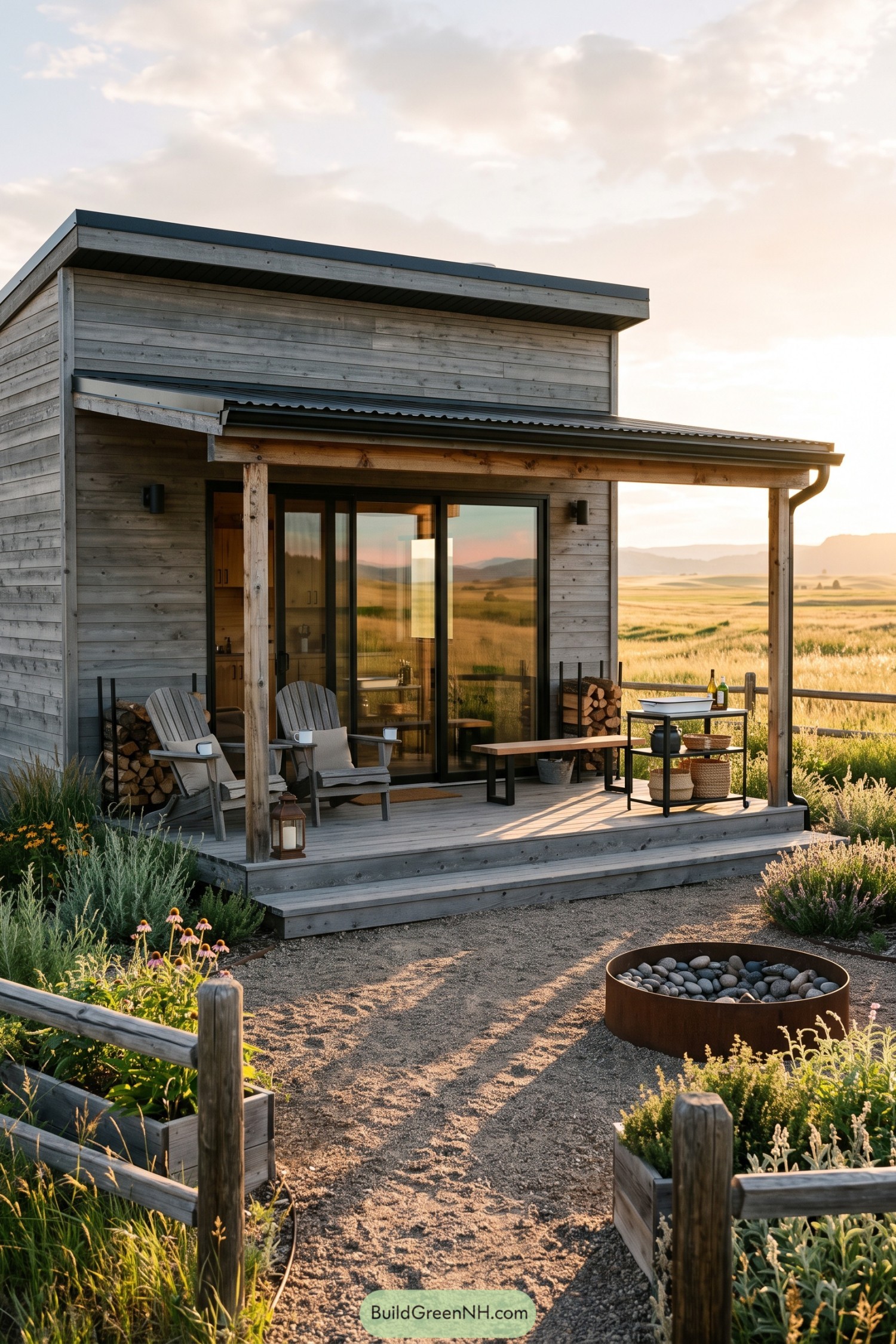 Compact timber home with a covered porch overlooking open fields and a stone fire bowl