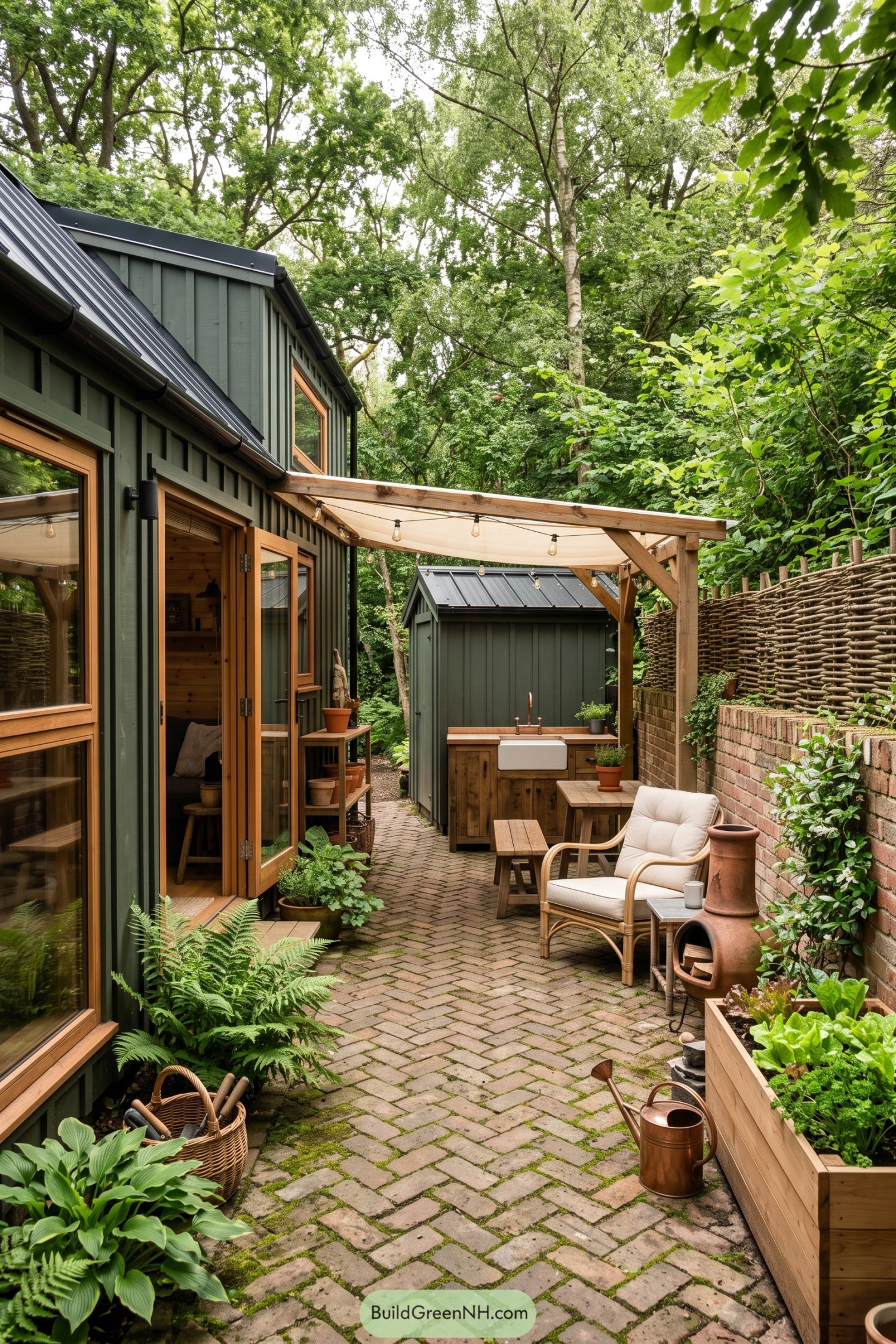 Tiny green cabin courtyard with a covered sink and raised planters