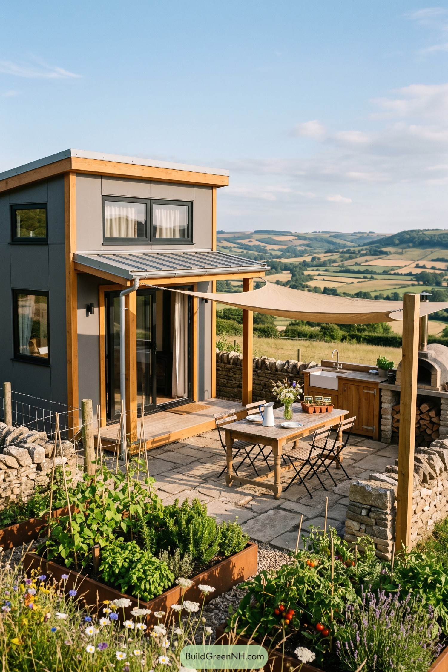 Modern tiny house with shaded patio outdoor kitchen and vegetable beds