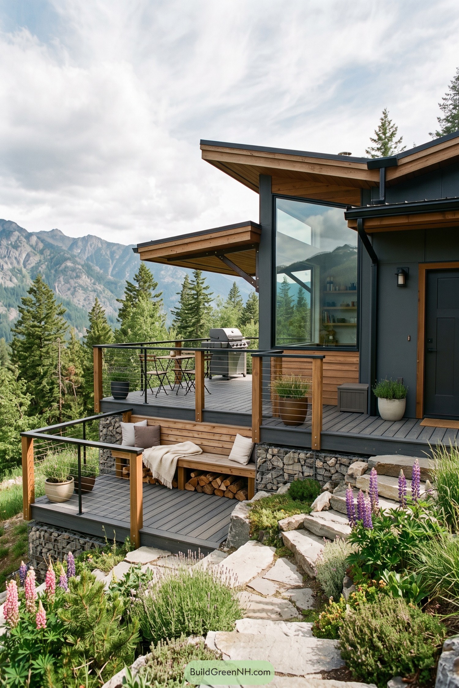 Modern cabin with tiered decks overlooking pine mountains