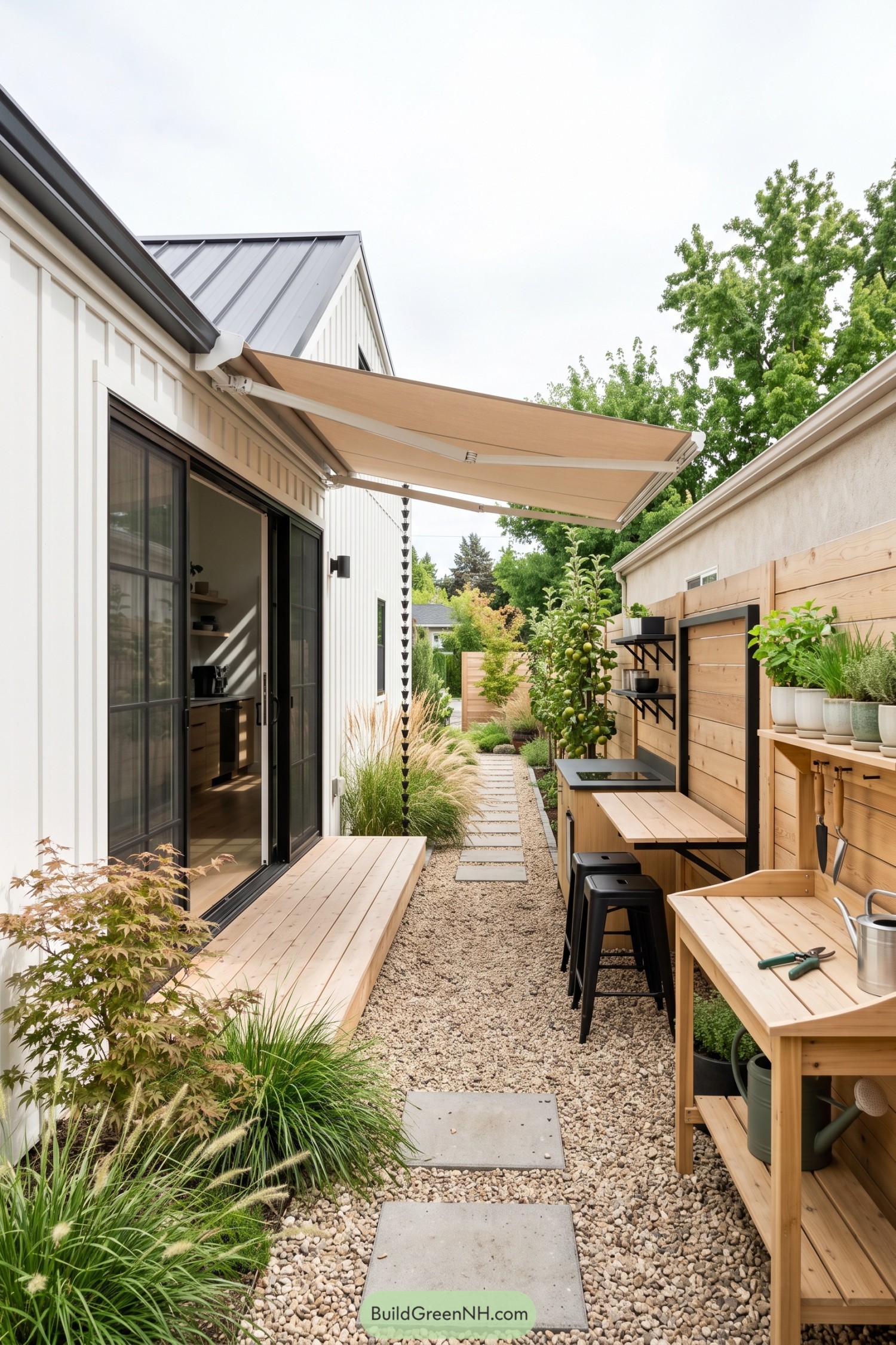 Compact side courtyard with awning covered outdoor kitchen and garden benches