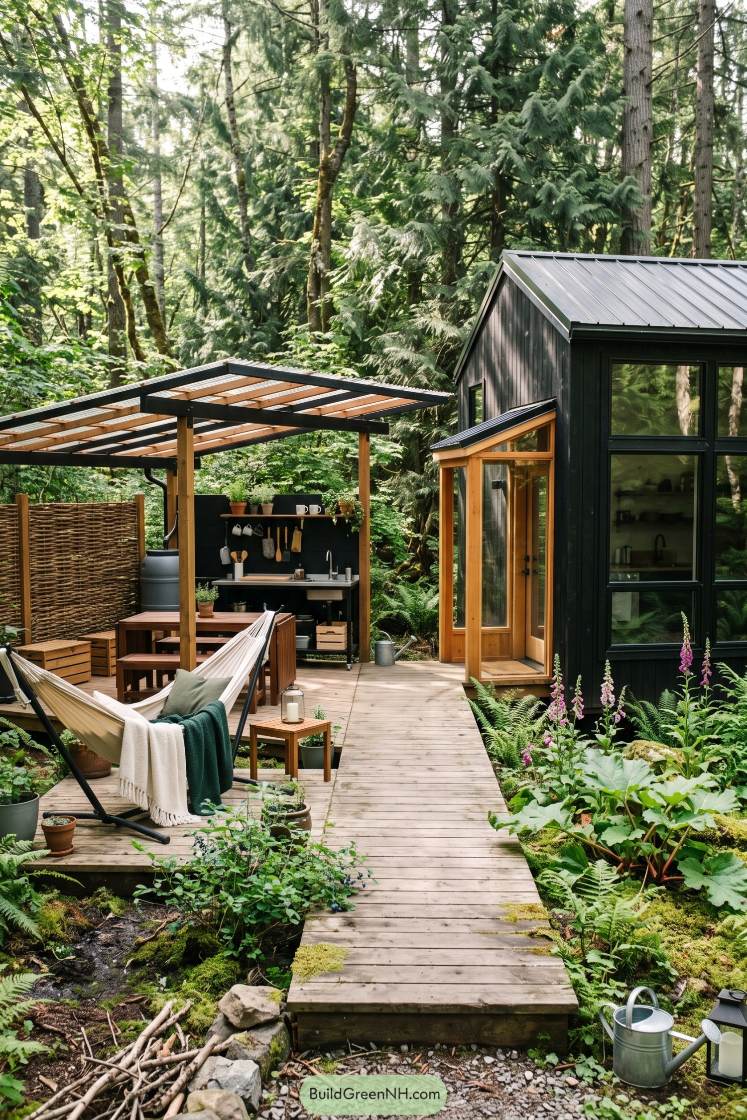 Black timber cabin with a covered deck kitchen among ferns