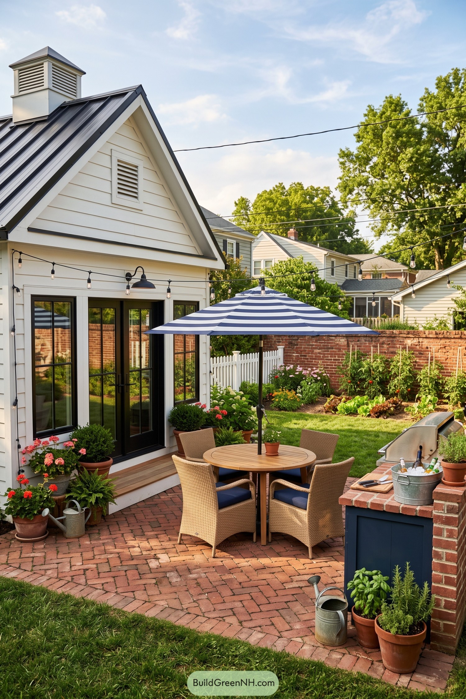 White cottage with brick patio dining and a kitchen garden