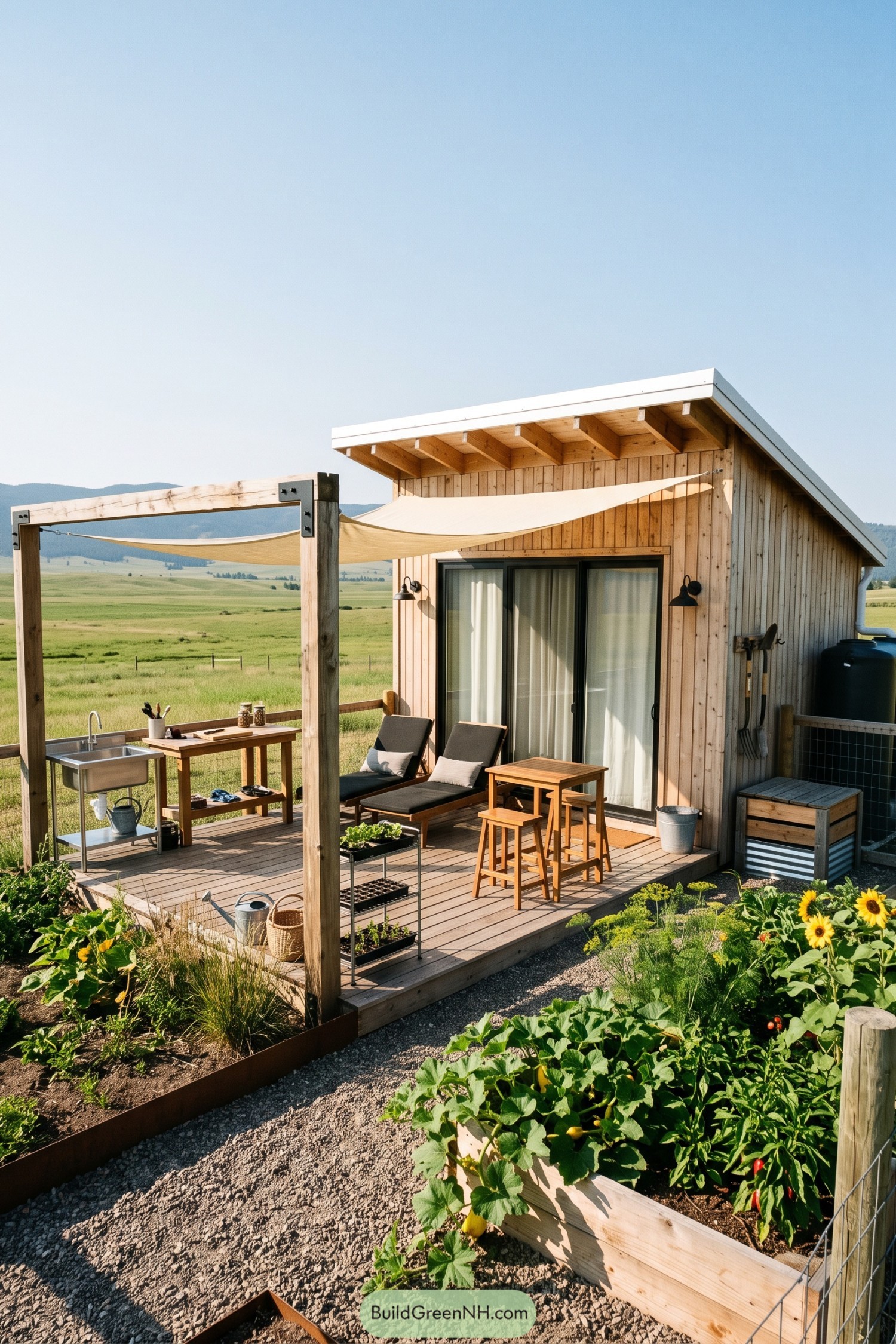 Tiny timber home with shaded deck and raised vegetable beds