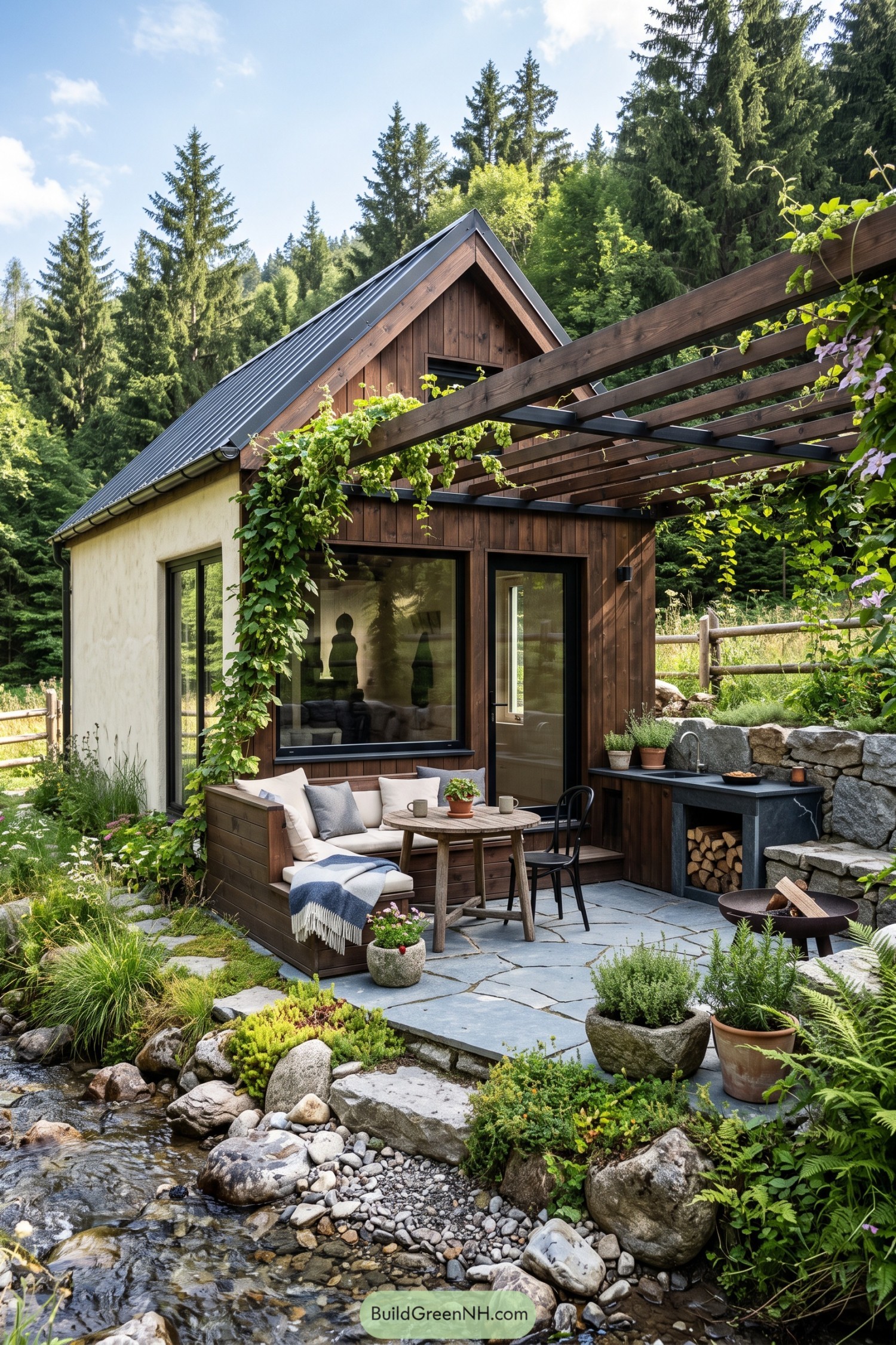 Compact timber cottage with a vine-covered pergola beside a rocky stream