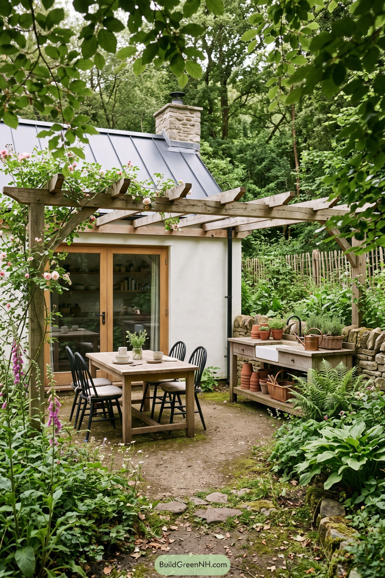 Tiny cottage patio with rose-covered timber arbor