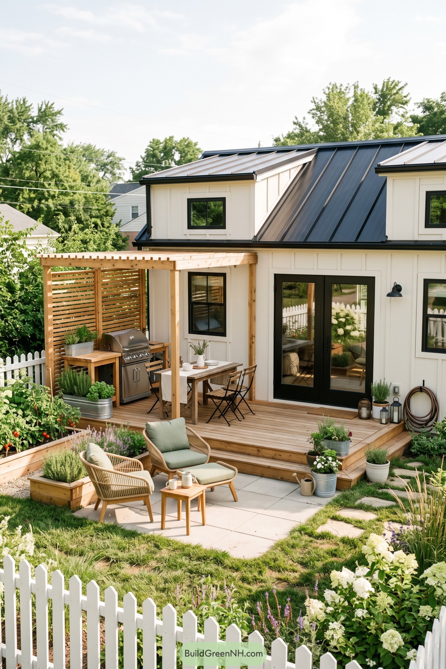 White cottage with black metal roof, cedar deck, and garden patio