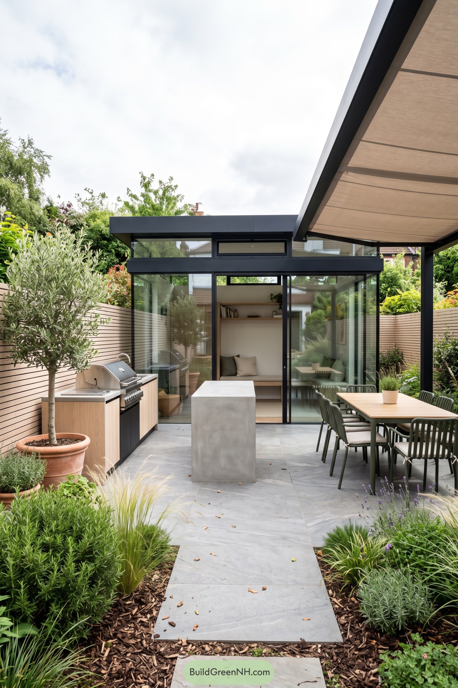 Compact glass garden room with outdoor kitchen and dining terrace