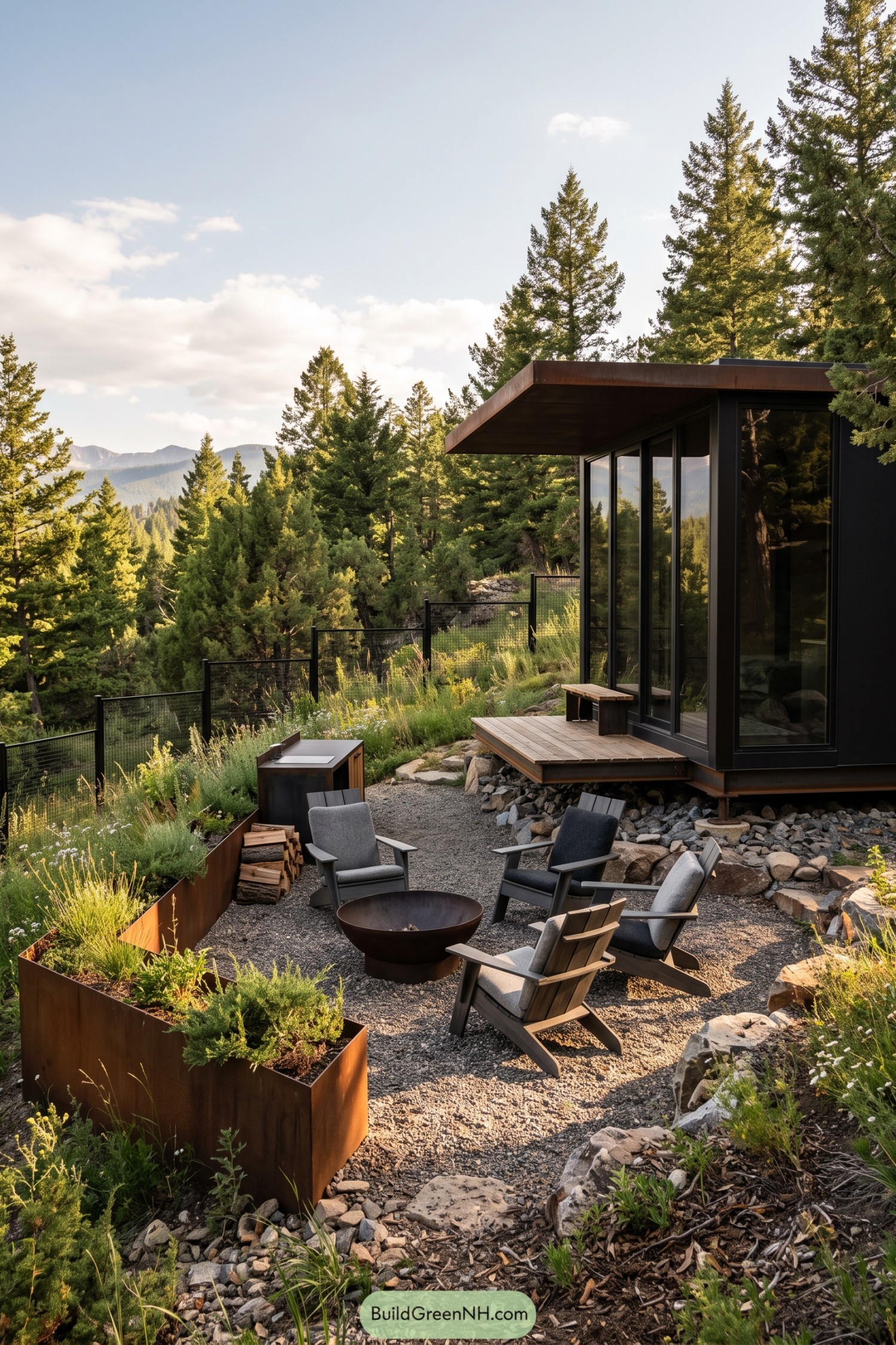 Modern glass cabin with a fire pit terrace above pine woodland