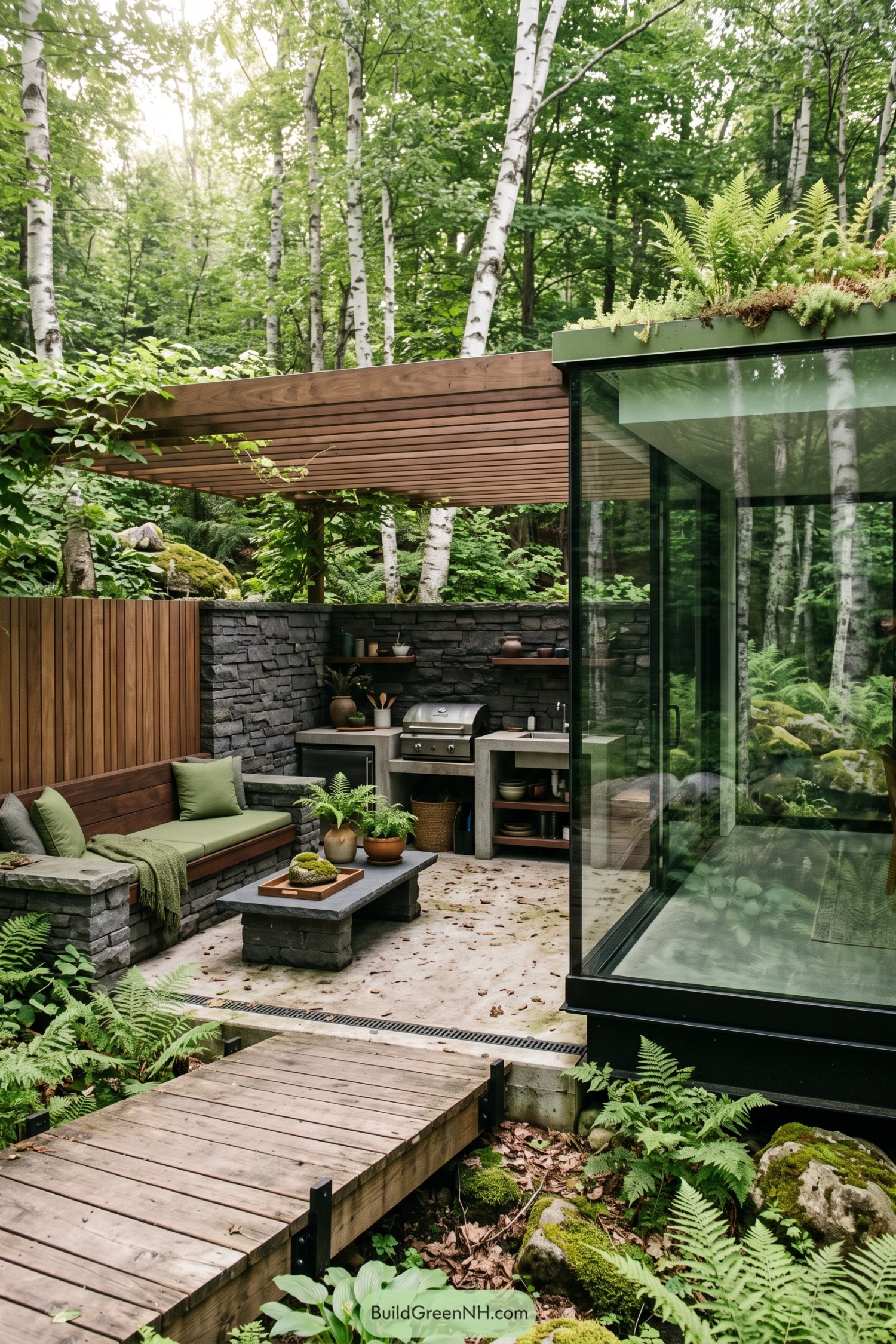 Glass-walled woodland retreat with outdoor kitchen and planted roof