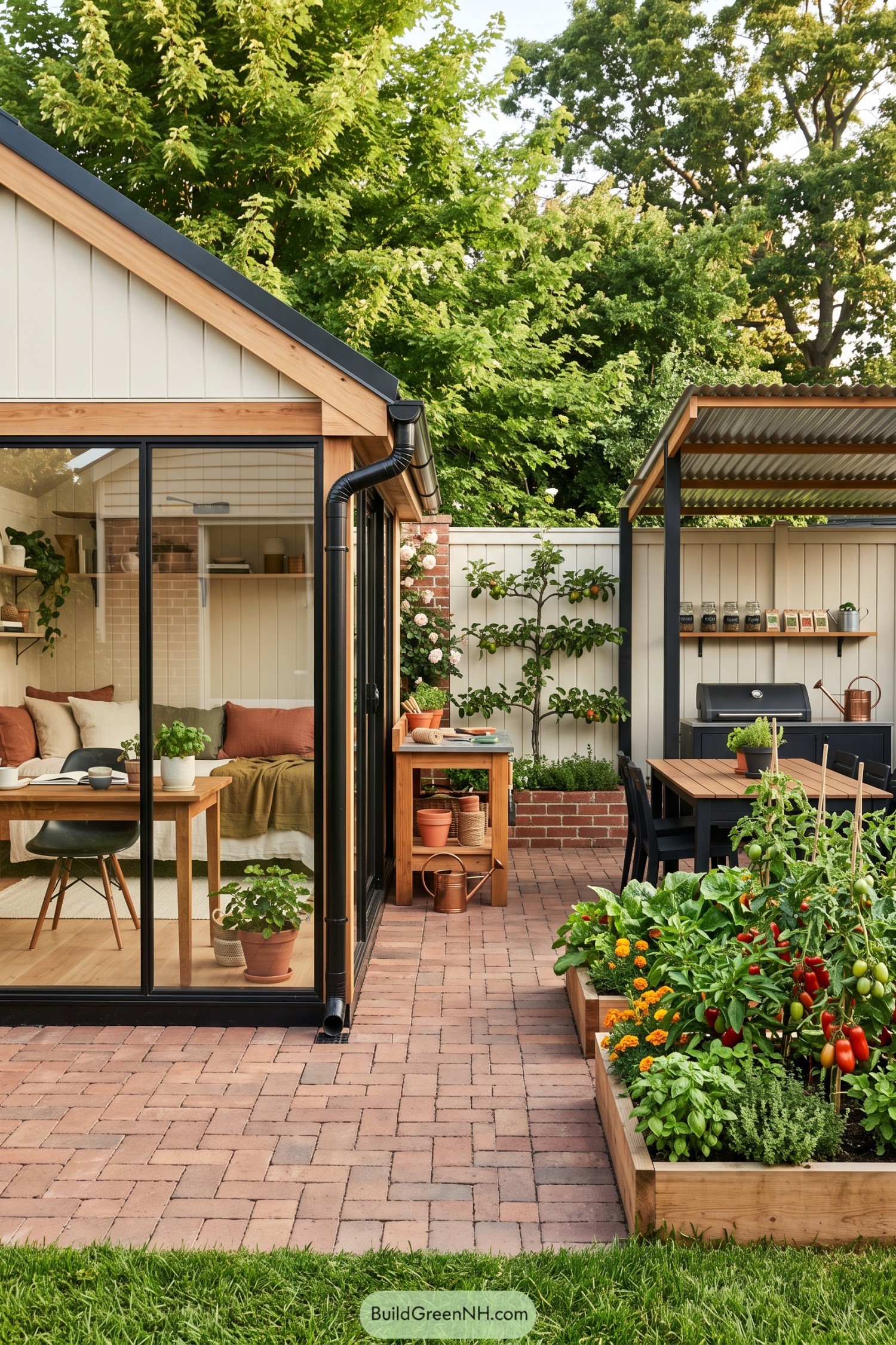Compact glass cottage beside a vegetable garden and covered grill patio