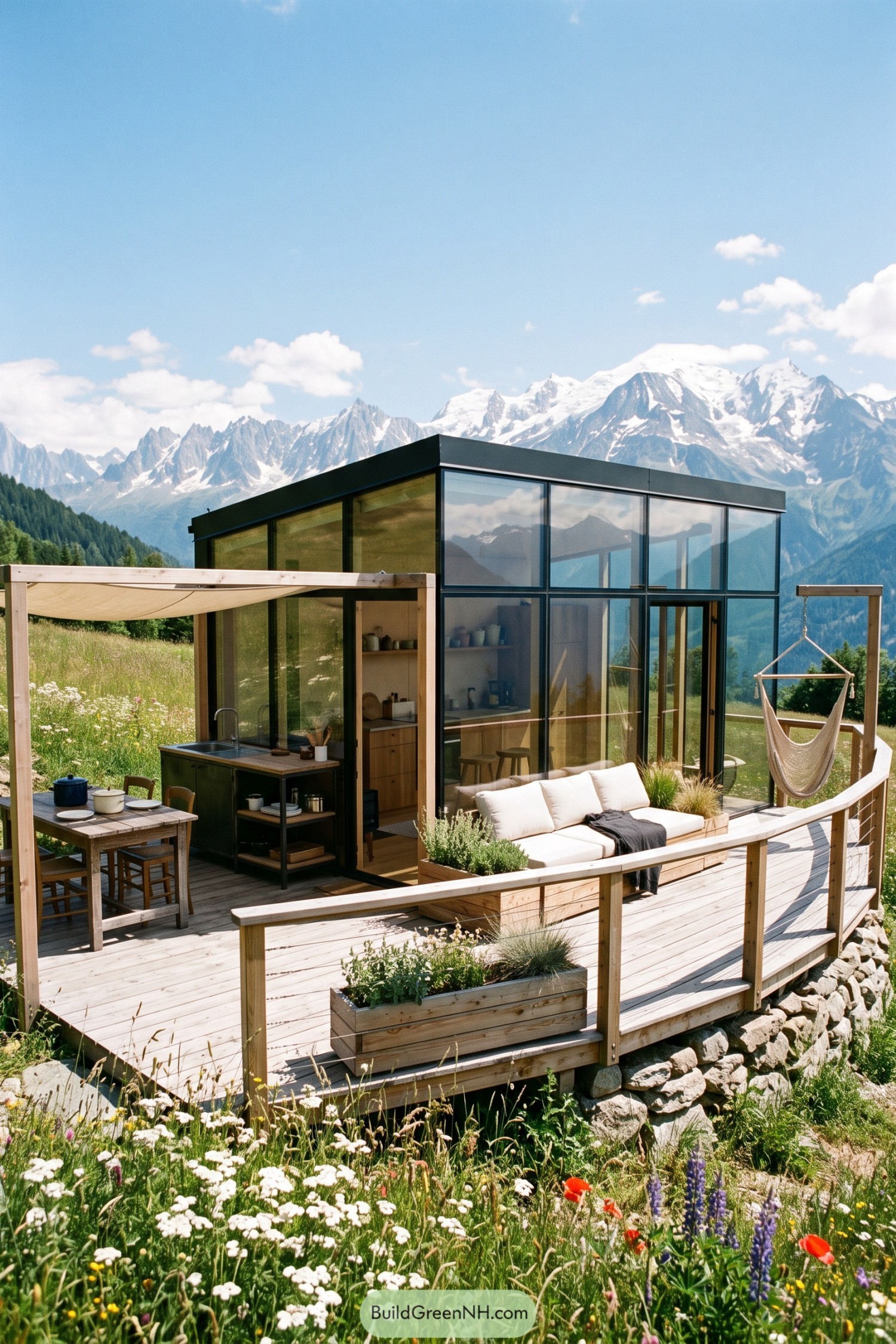 Compact glass cabin with a timber deck overlooking snowy mountains
