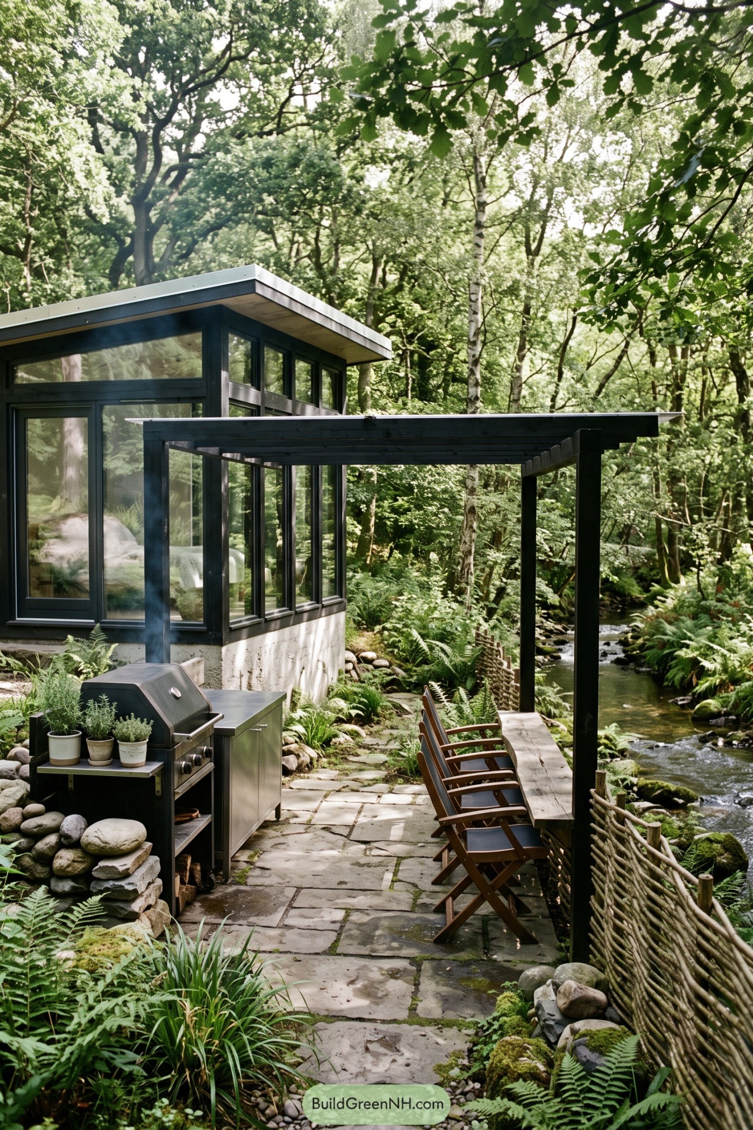Black framed glass cabin with a covered creekside patio and outdoor grill