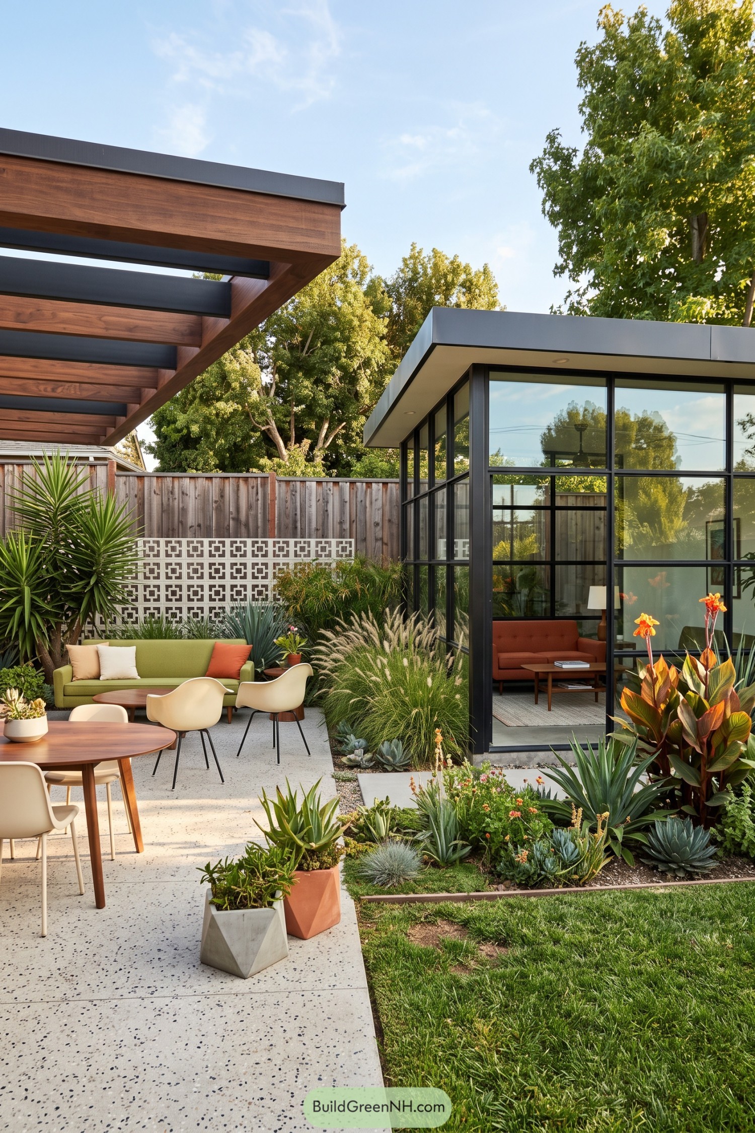 Black-framed glass studio beside a pergola patio and succulent garden