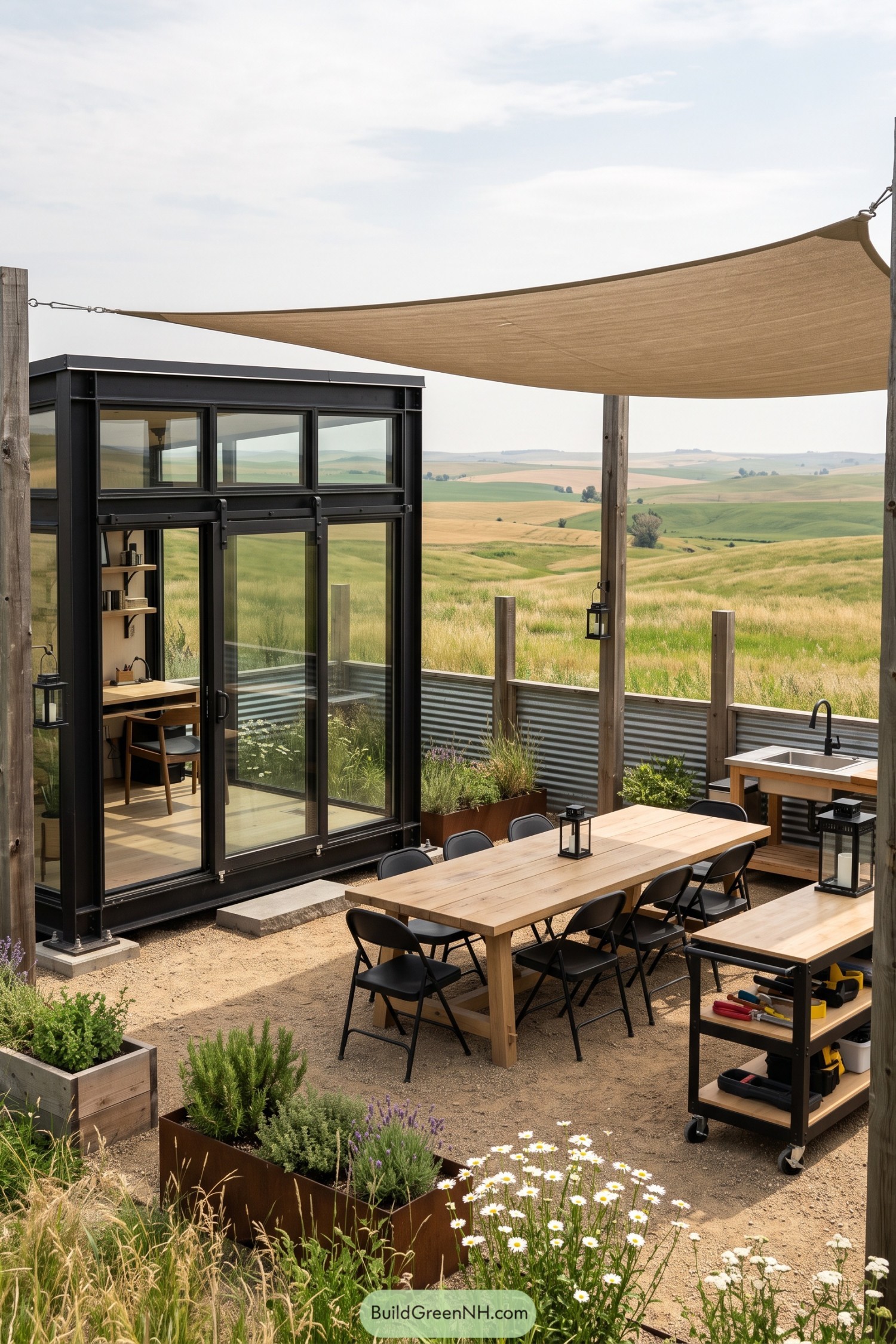 Black framed glass microhouse beside a shaded outdoor dining terrace