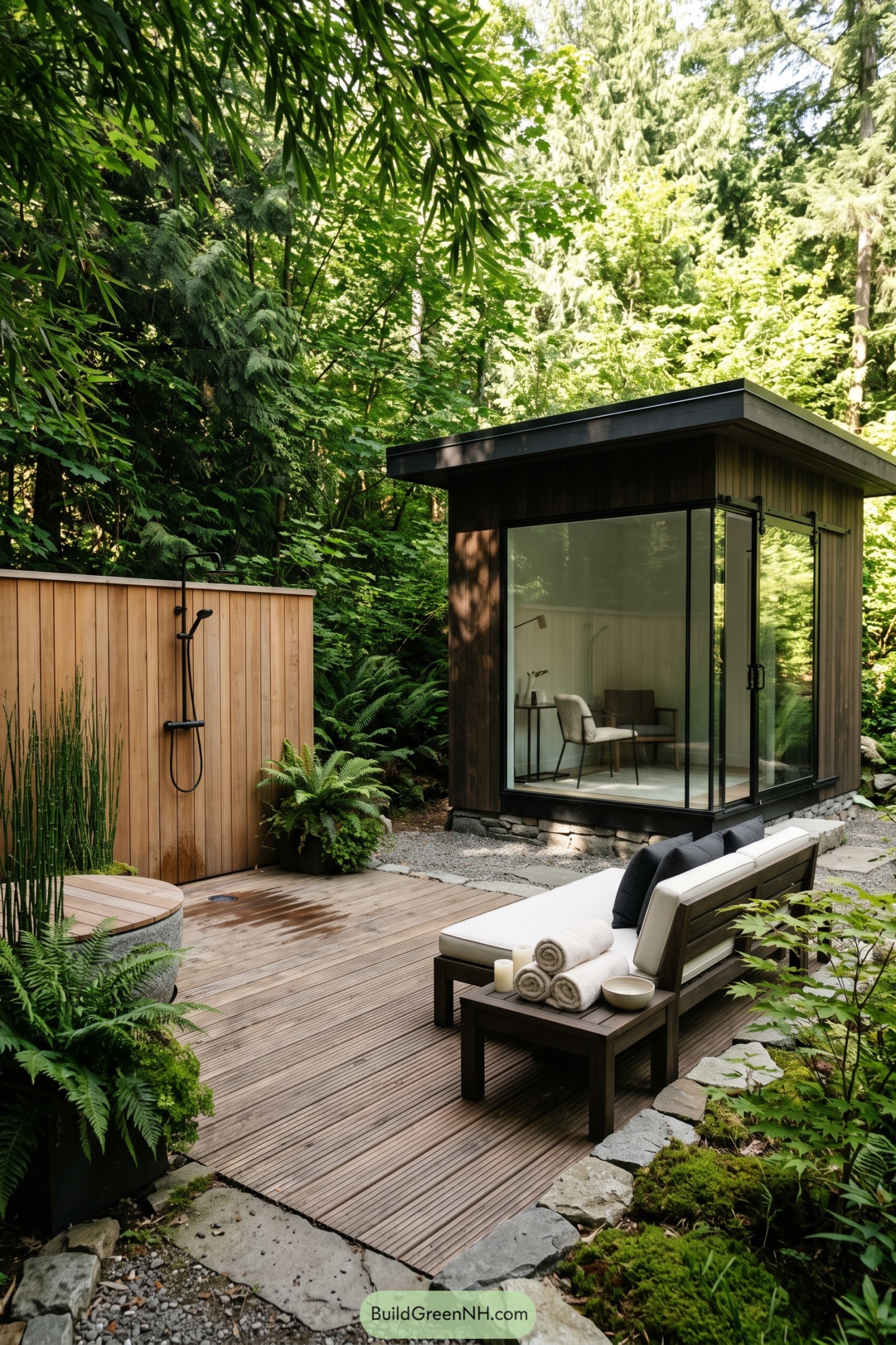 Glass-walled forest bathhouse with outdoor shower and deck seating