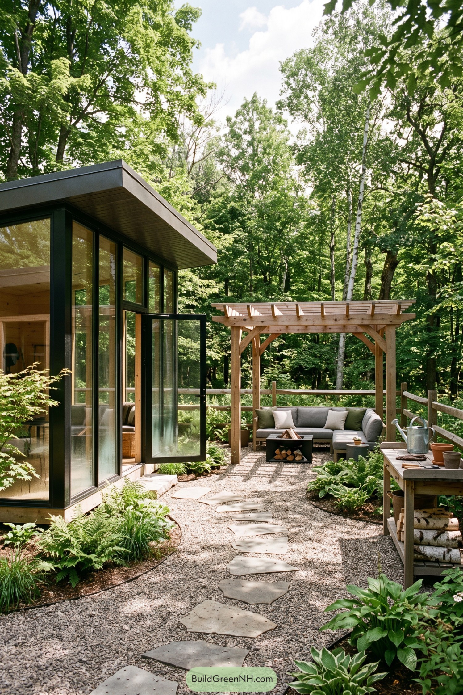 Glass-walled tiny house beside a timber pergola in the woods