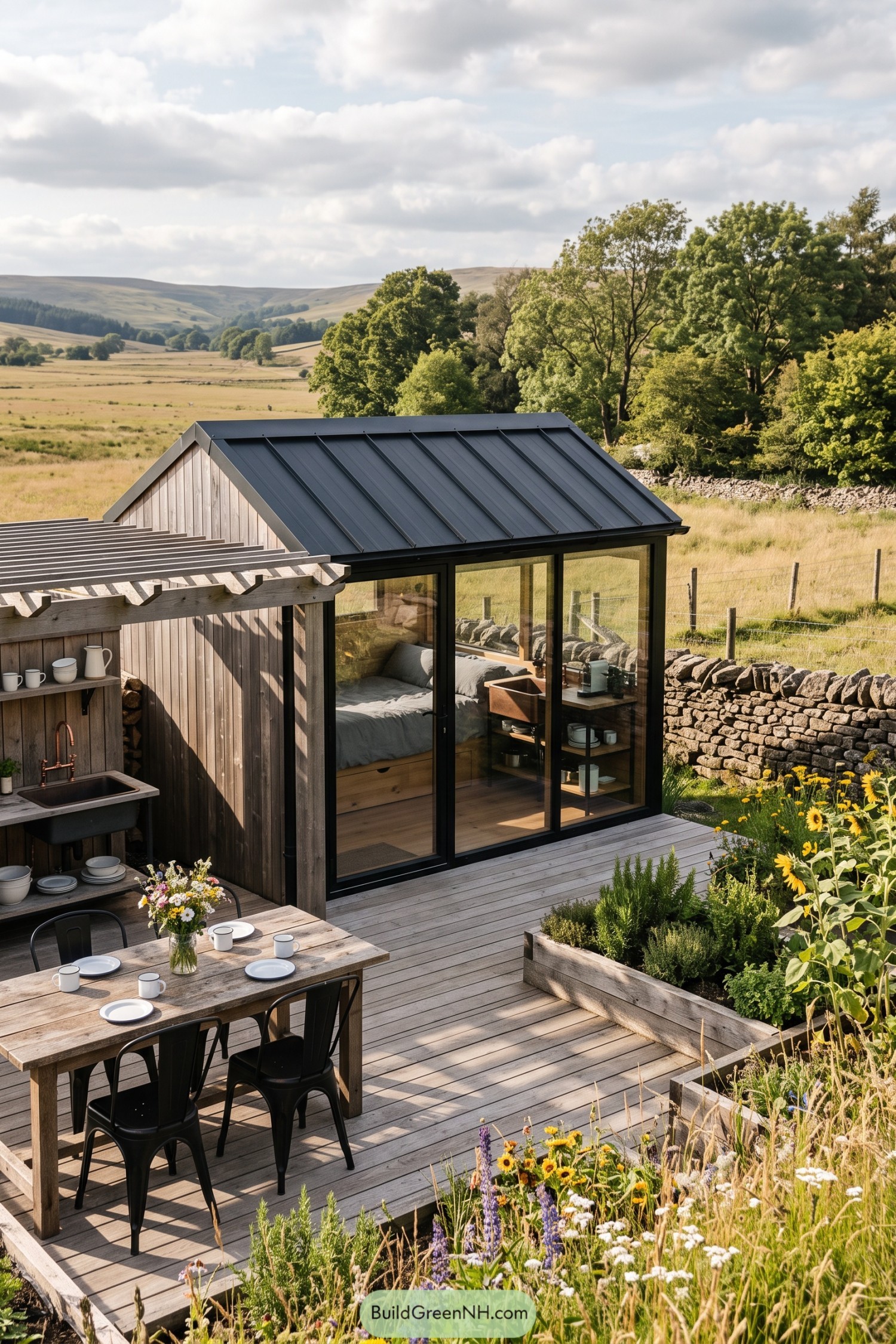 Tiny timber cabin with glass front and wildflower deck