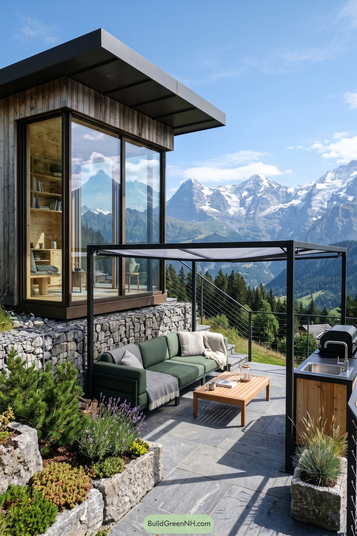 Glass-walled timber cabin with mountain terrace and outdoor kitchen
