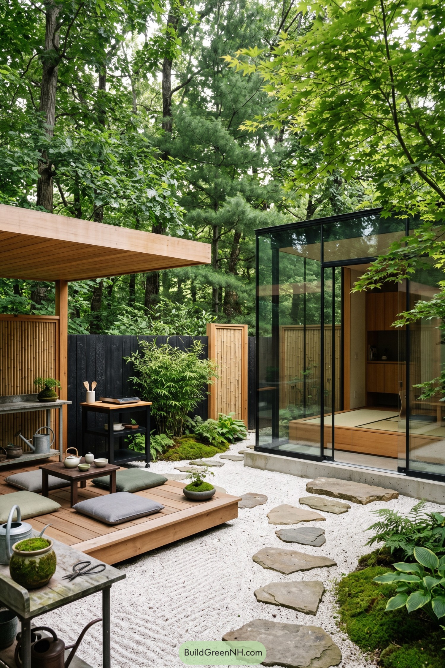Glass studio beside a bamboo screened courtyard and tea deck