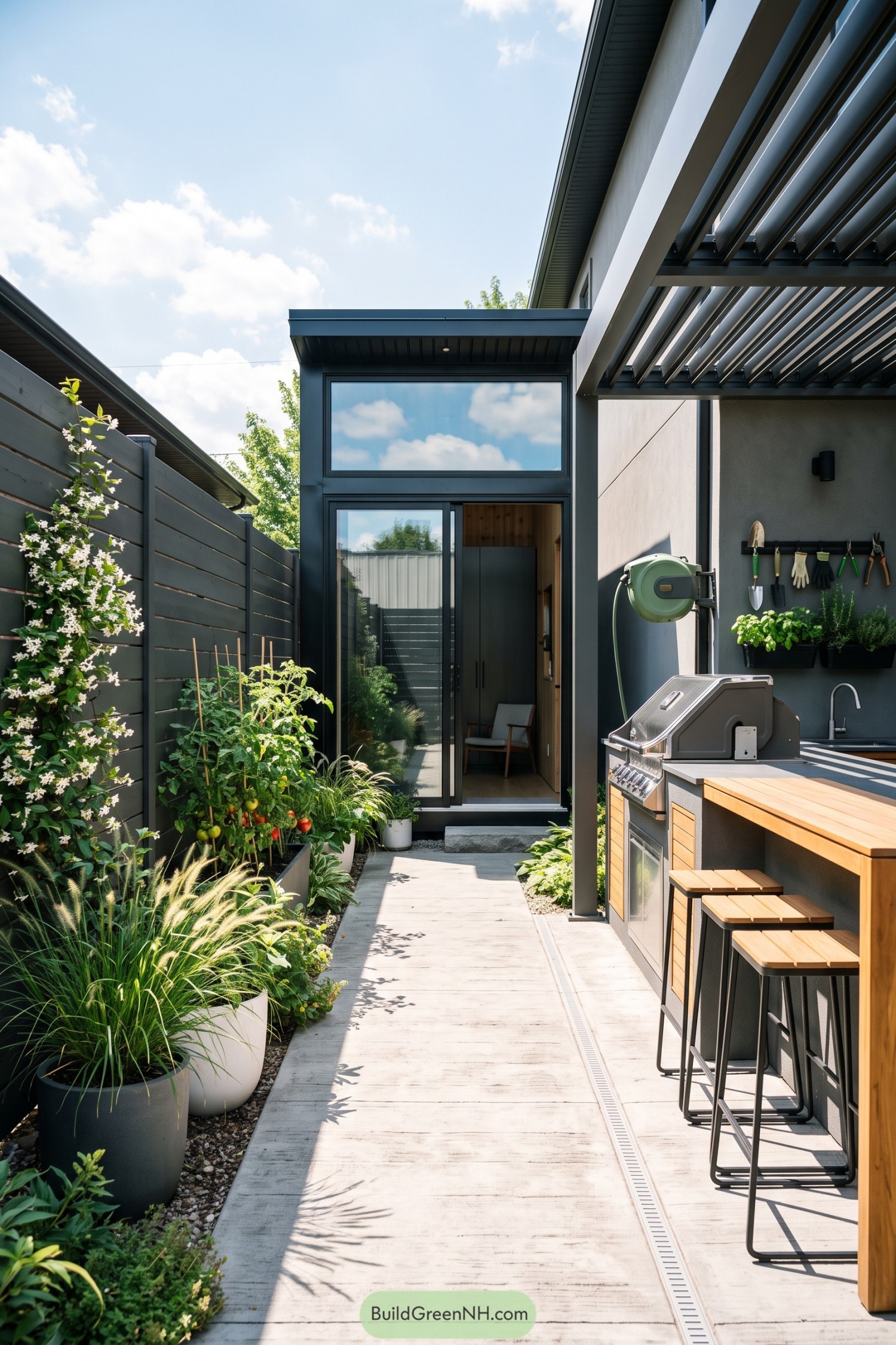 Compact glass garden house beside an outdoor kitchen and planter-lined patio