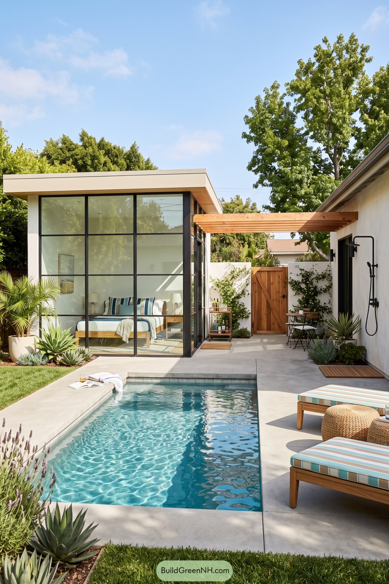 Modern glass sleeping pavilion beside a narrow turquoise pool