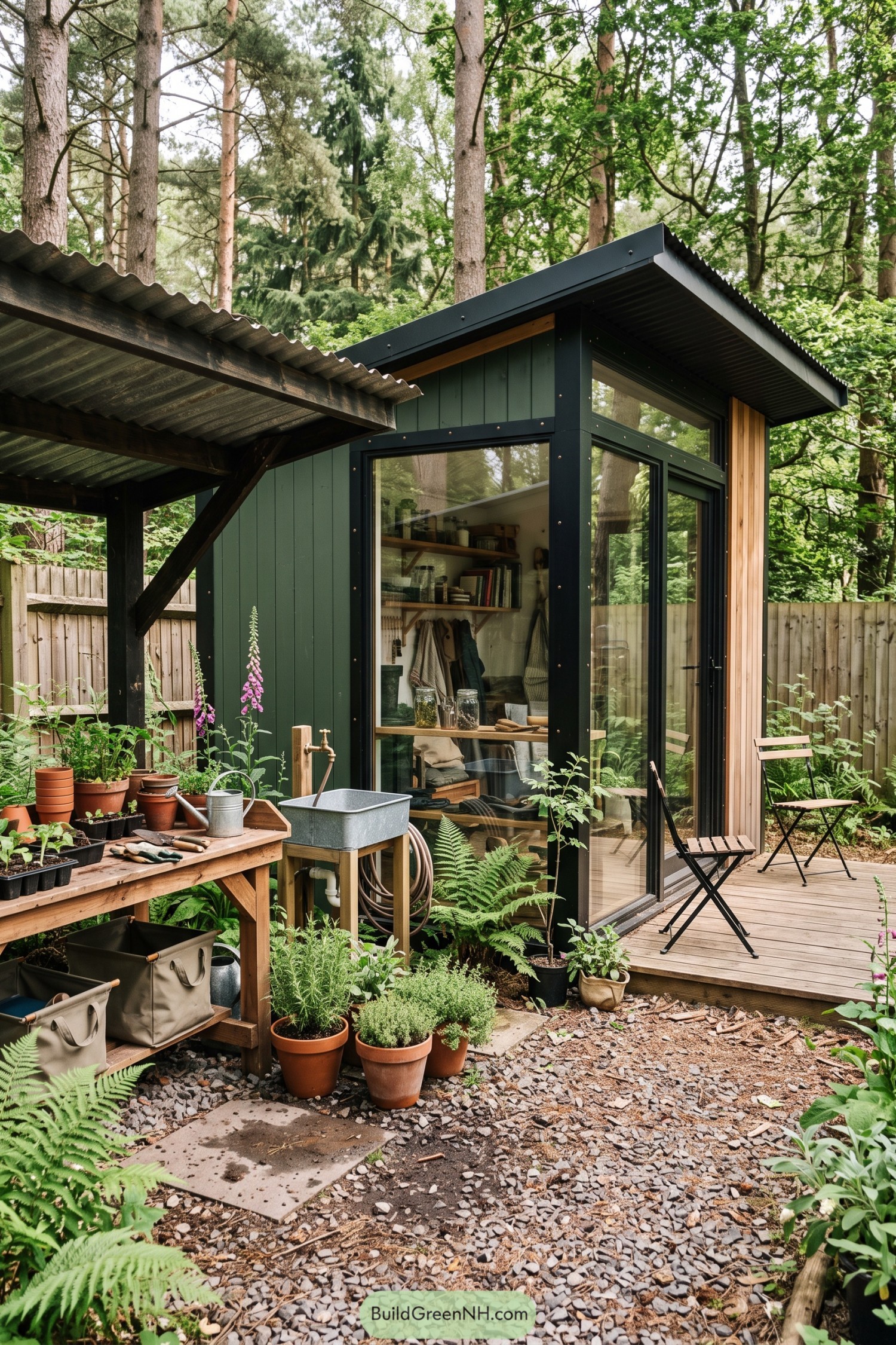 Compact glass garden studio with potting bench and deck