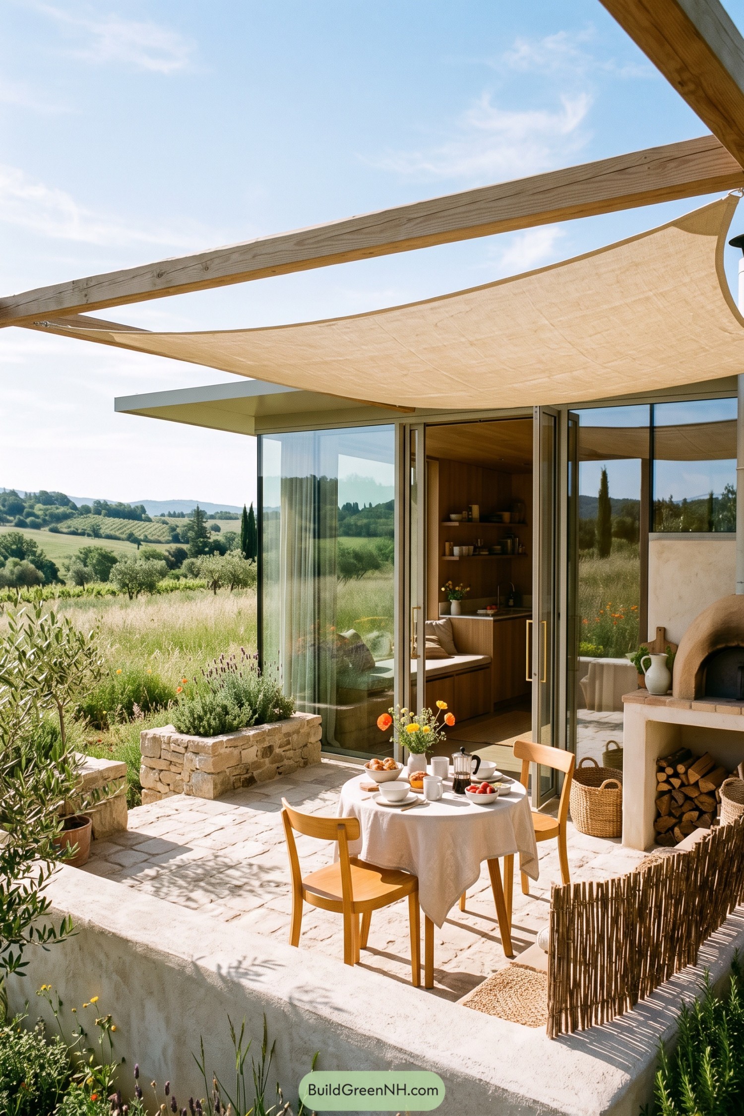 Glass pavilion with shaded patio and outdoor oven overlooking olive groves