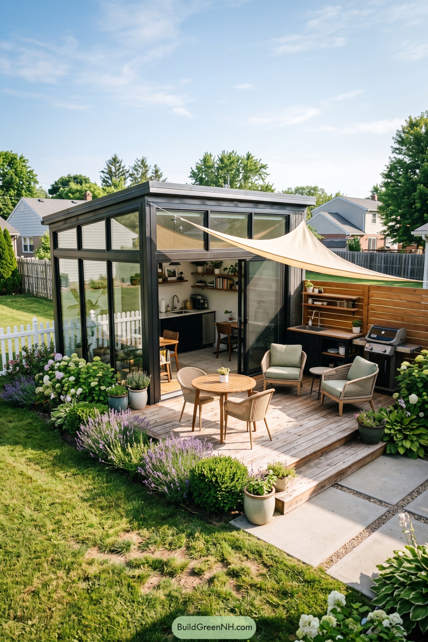 Compact glass house opening onto a shaded deck kitchen