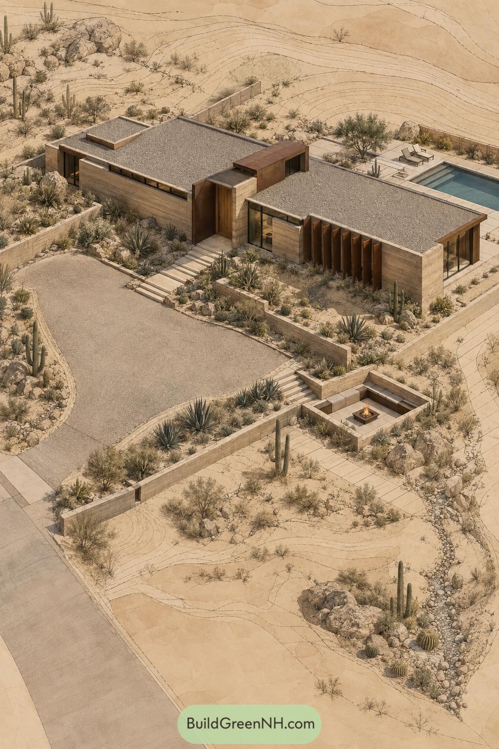 Modern desert villa with pool terraces native planting and sunken fire lounge