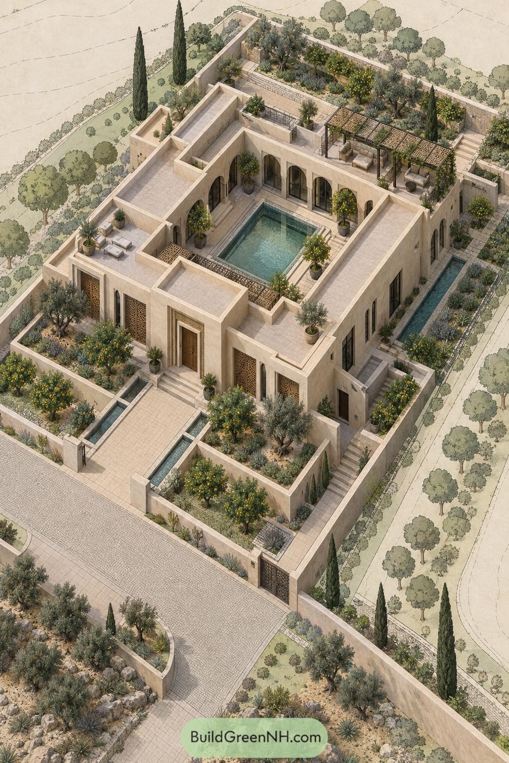Walled villa with citrus gardens and central pool