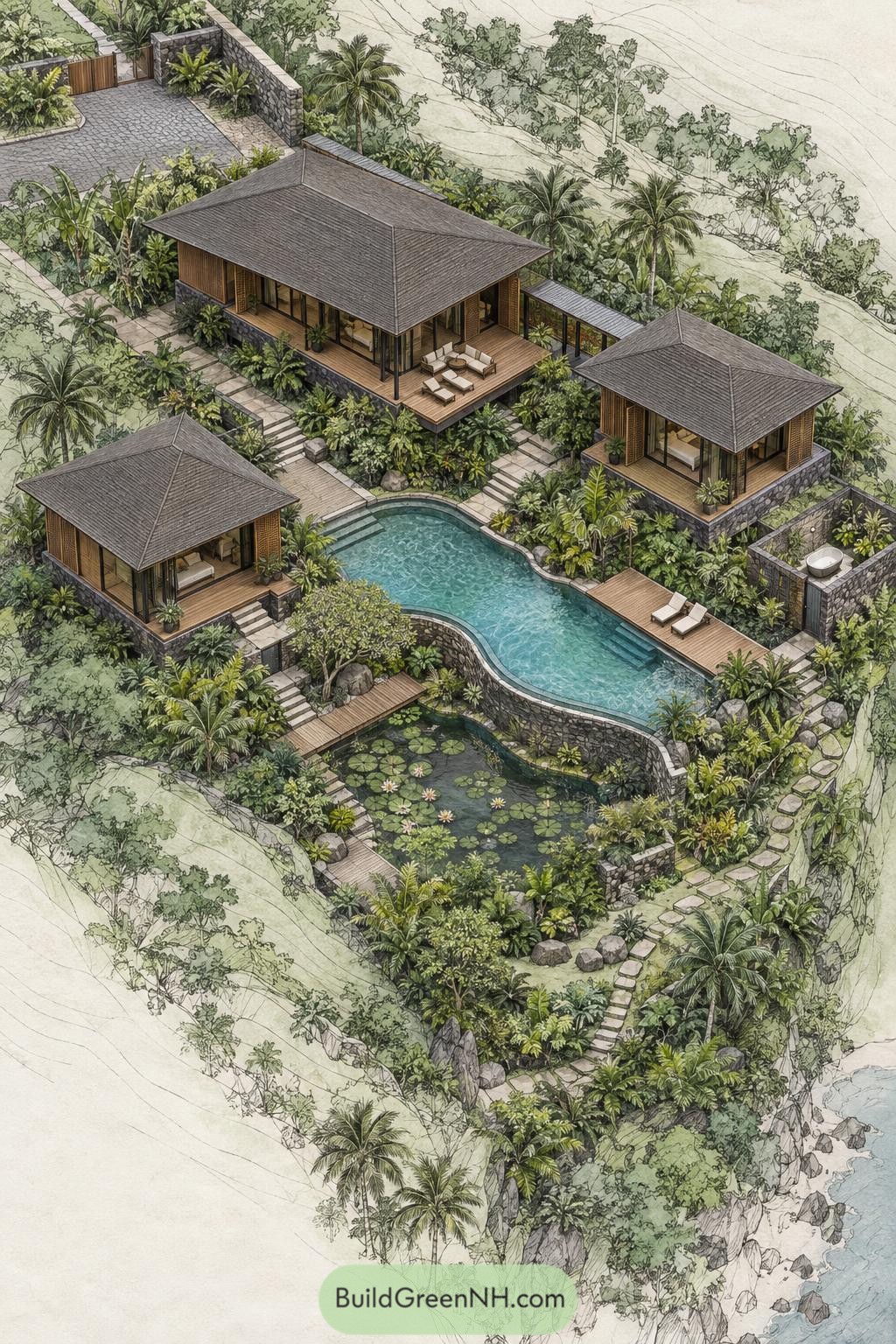 Three tropical pavilions surround a curving pool and lotus pond on a lush hillside