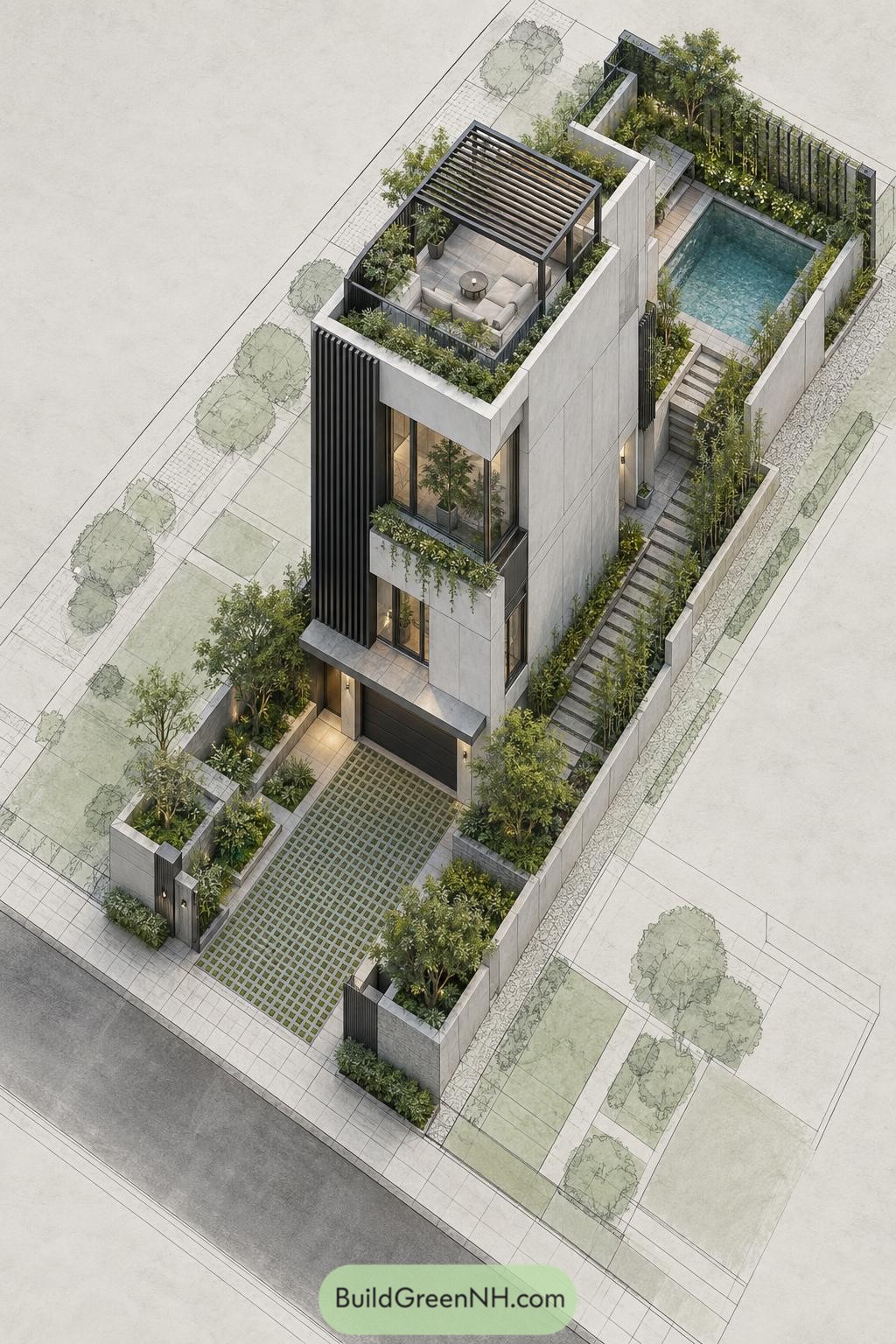 Narrow modern villa with rooftop pergola and rear plunge pool