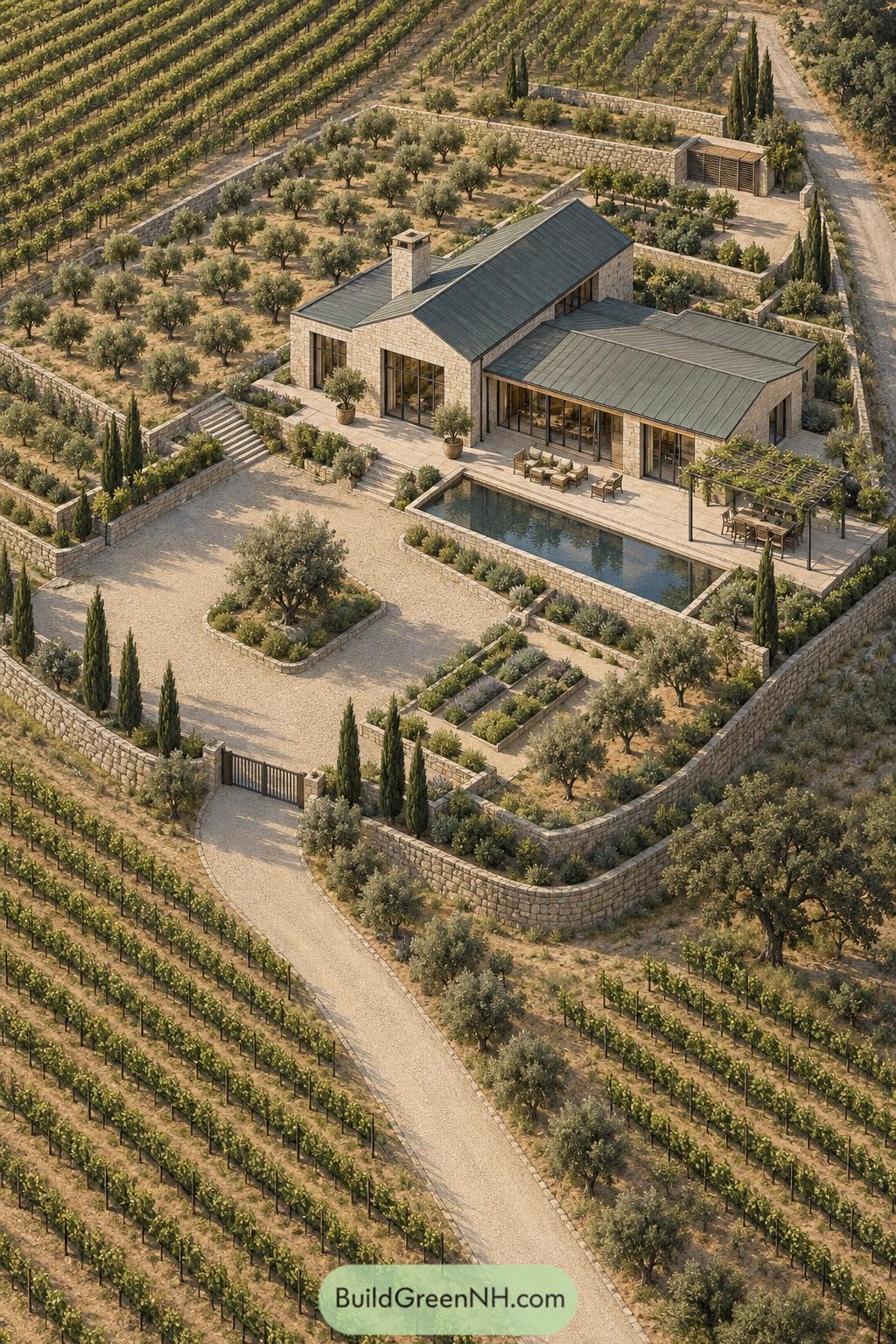 Stone villa with a pool amid olive trees and vineyards